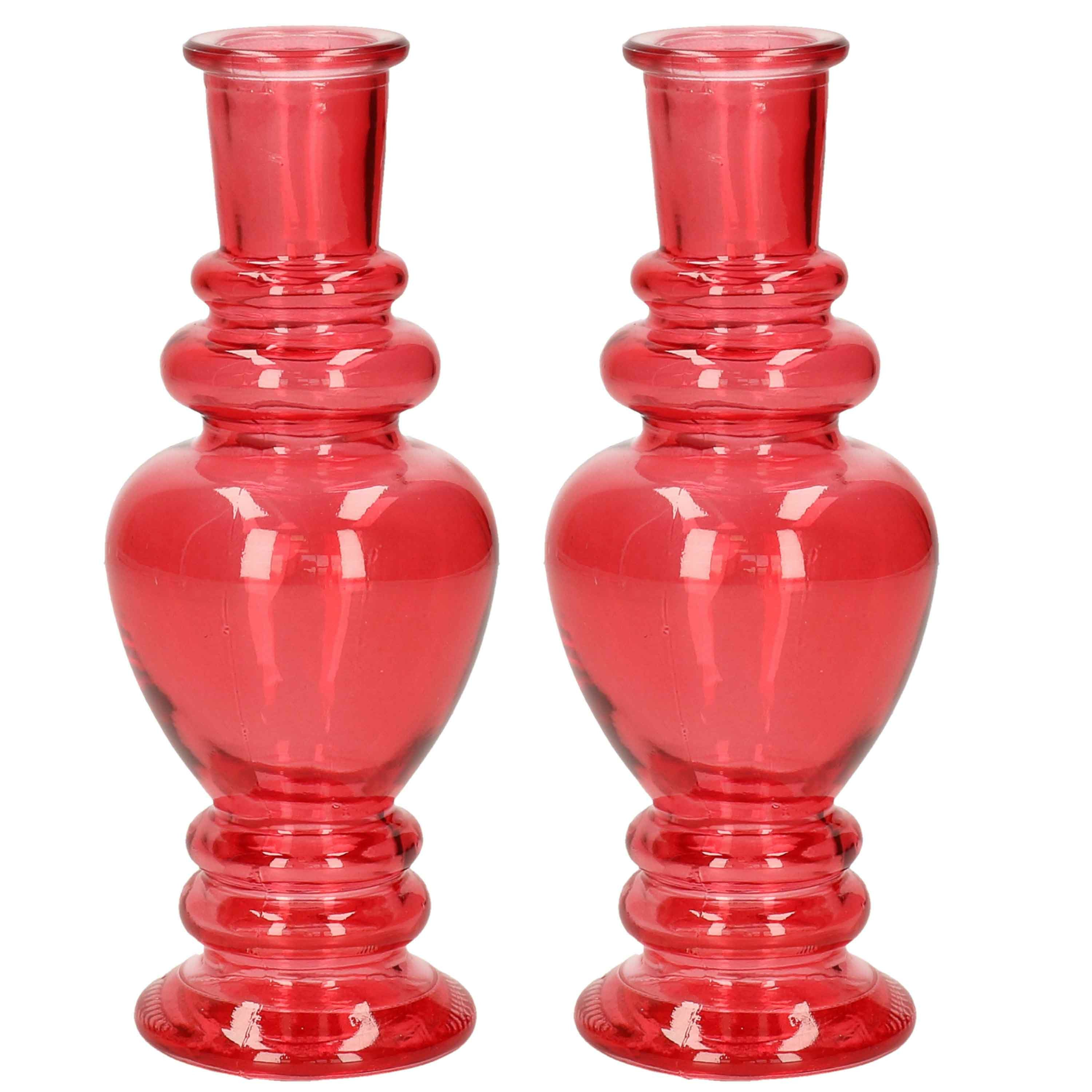 Kaarsen kandelaar Venice 2x gekleurd glas helder koraal rood D5,7 x H15 cm