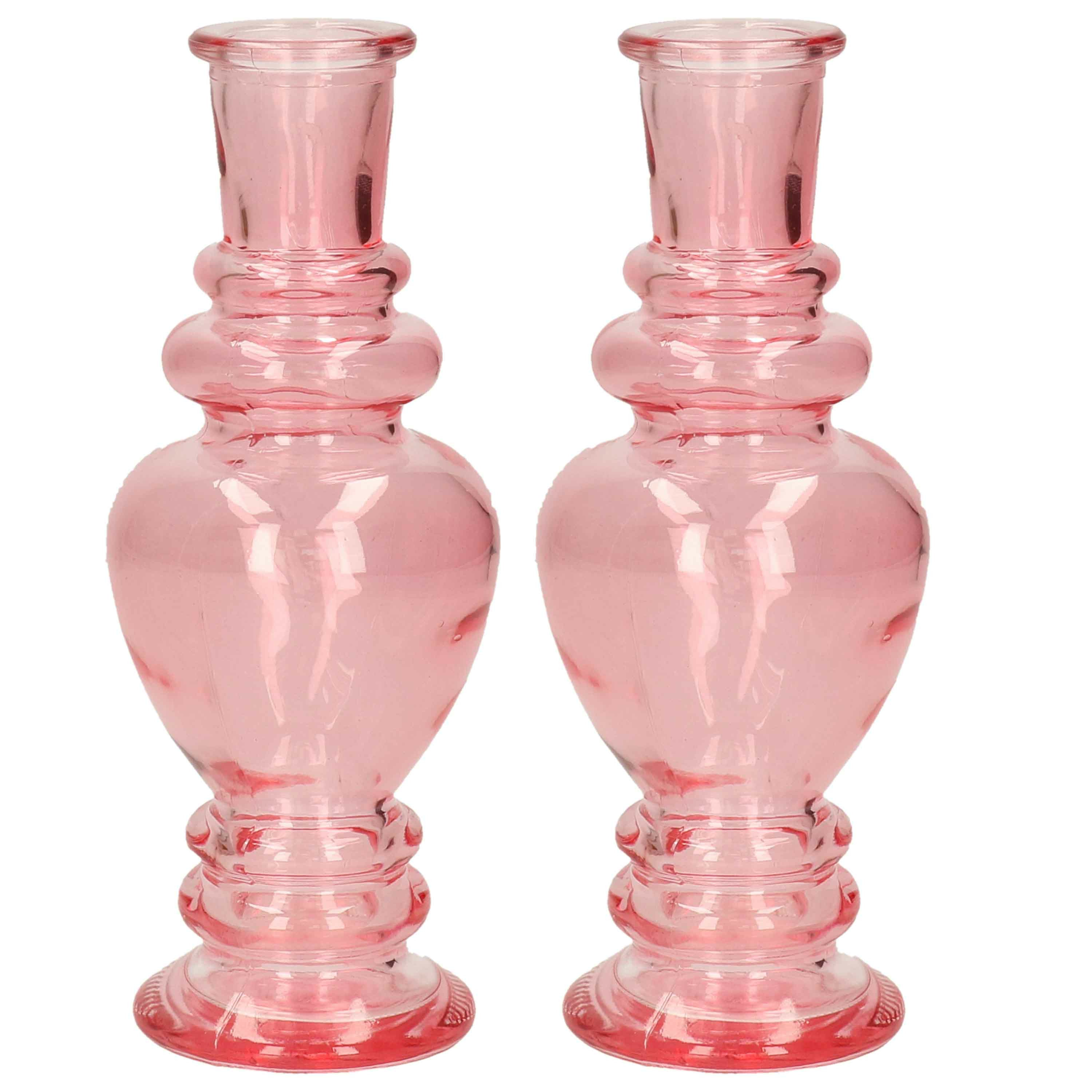 Kaarsen kandelaar Venice 2x gekleurd glas helder roze D5,7 x H15 cm