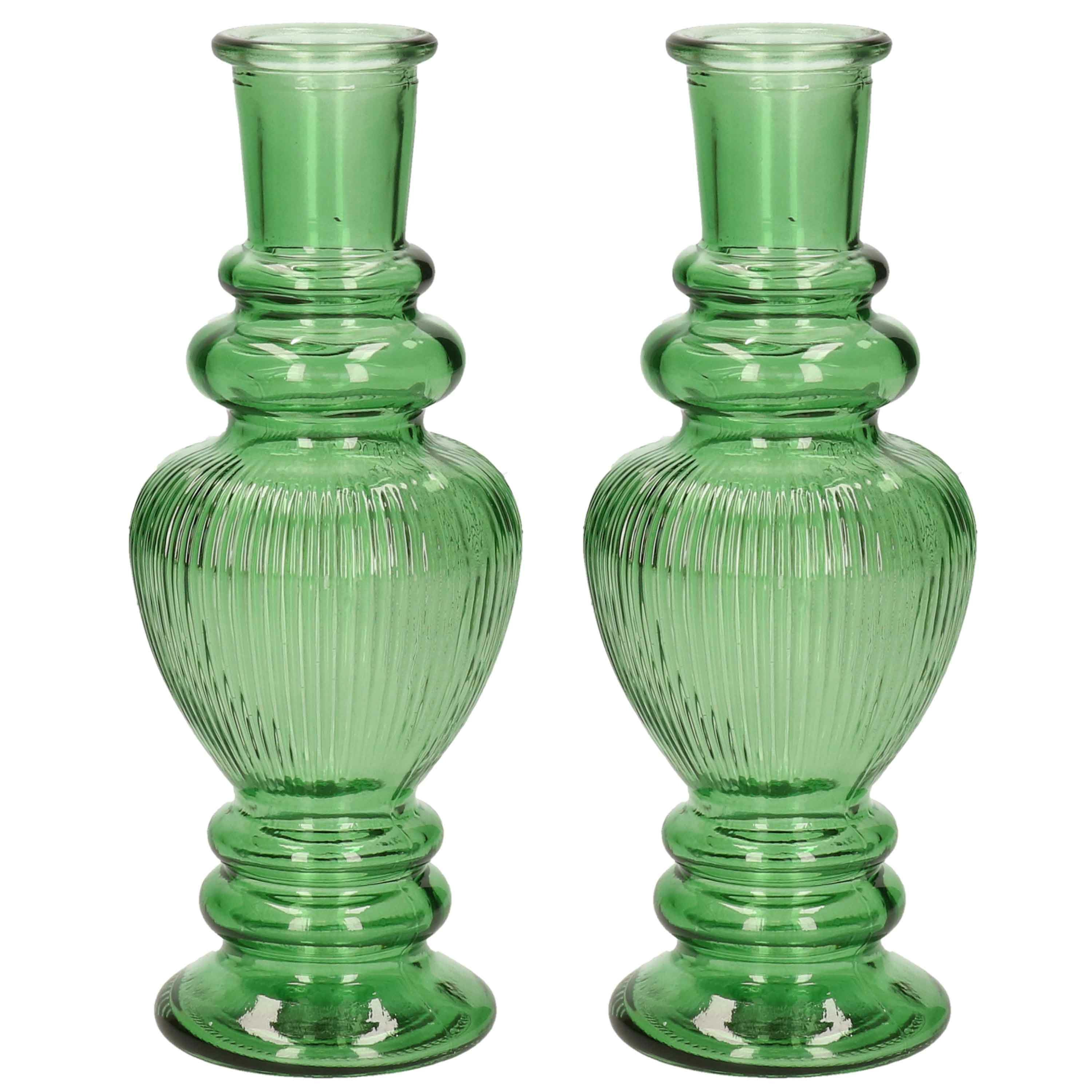Kaarsen kandelaar Venice 2x gekleurd glas ribbel groen D5,7 x H15 cm