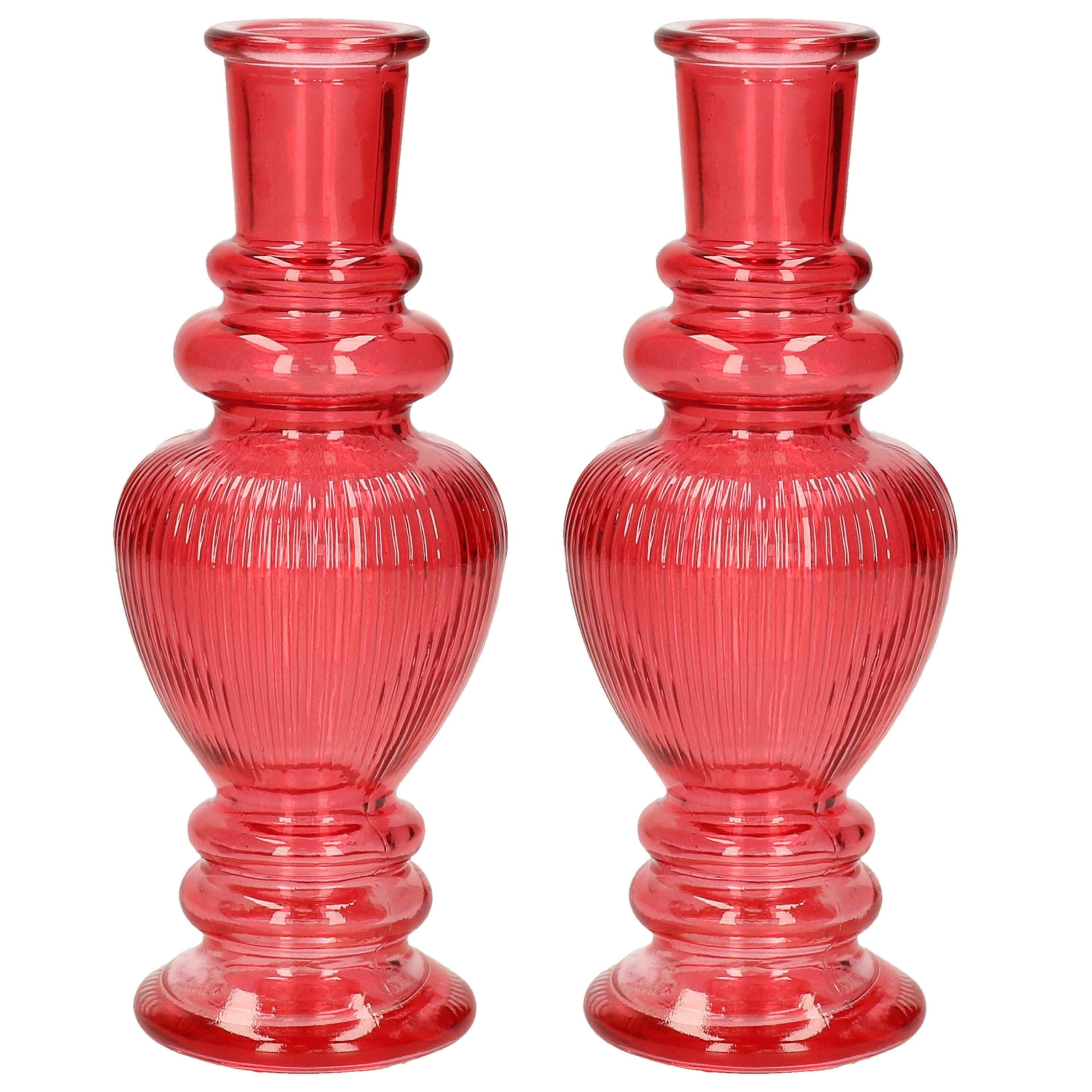 Kaarsen kandelaar Venice 2x gekleurd glas ribbel rood D5,7 x H15 cm