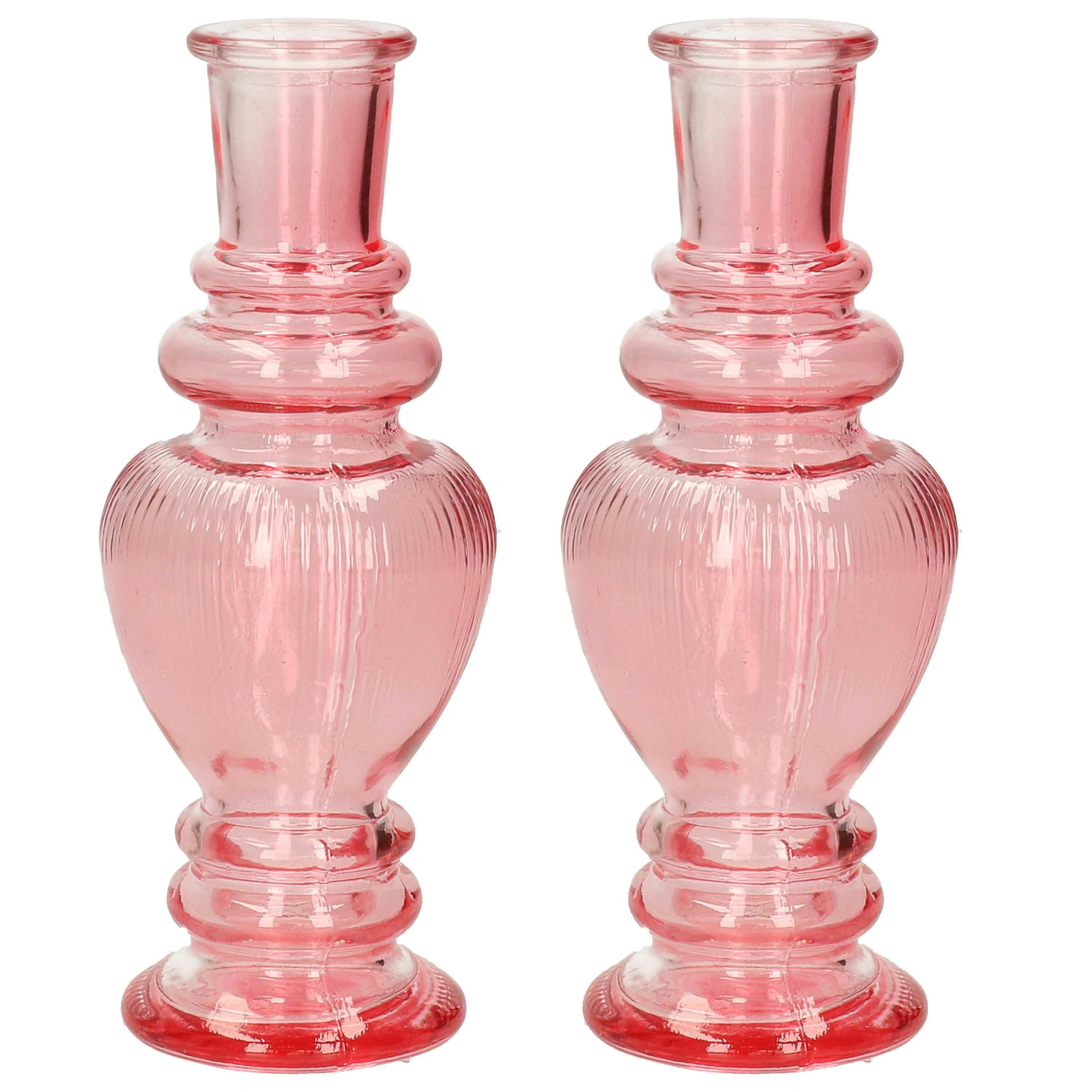 Kaarsen kandelaar Venice 2x gekleurd glas ribbel roze D5,7 x H15 cm