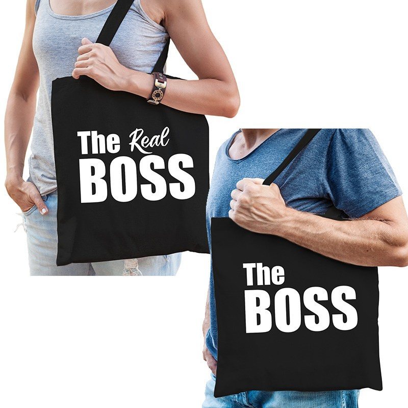 Katoenen tassen zwart the boss en the real boss volwassenen