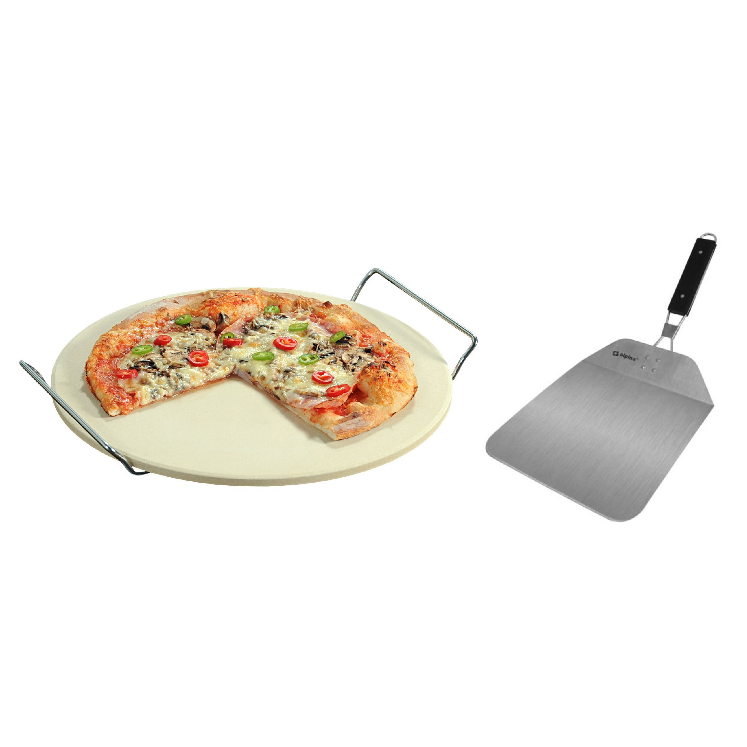 Keramieken pizzasteen rond 33 cm met handvaten en inklapbare RVS pizzaschep 25 cm