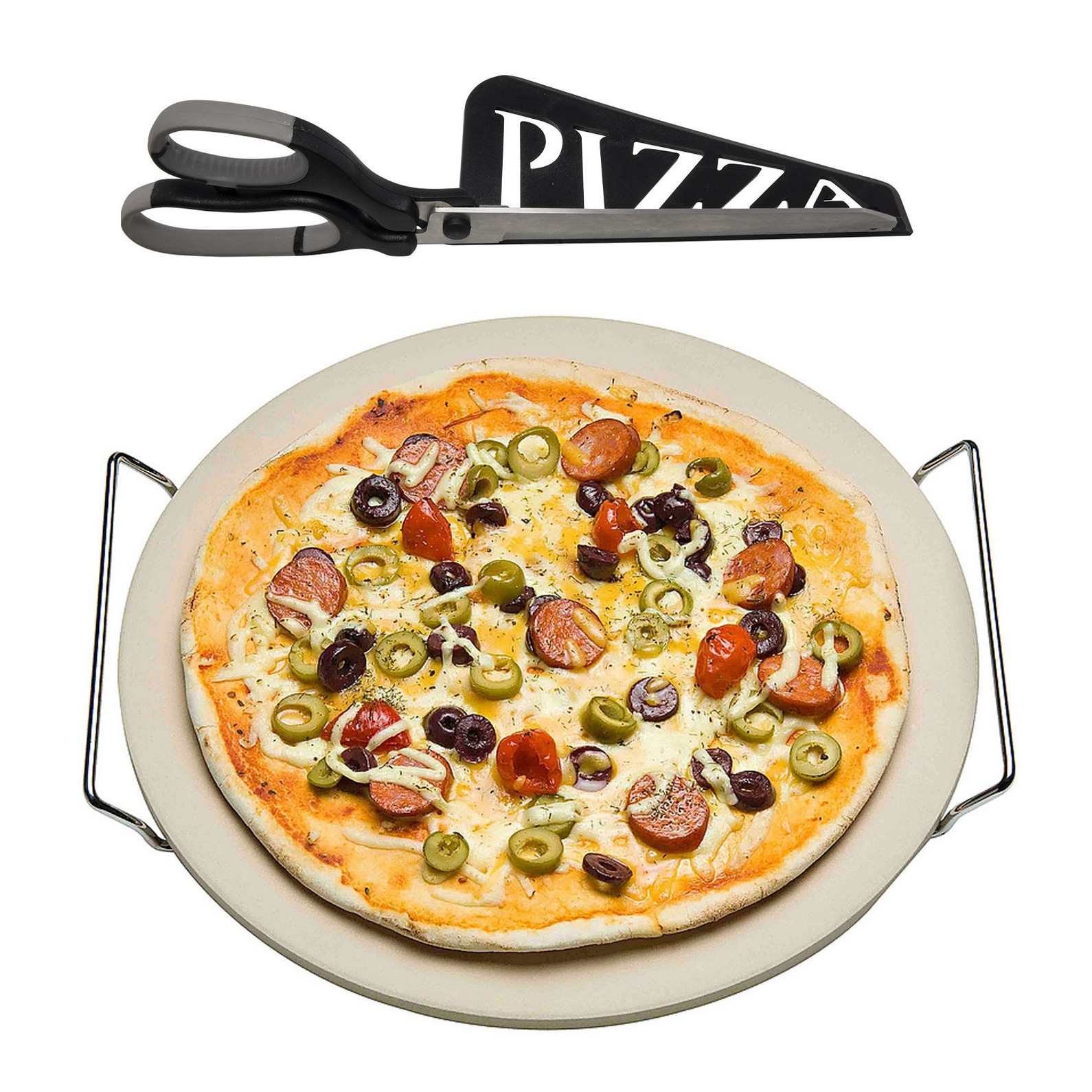 Keramische pizzasteen rond 33 cm met handvaten en zwarte pizzaschaar