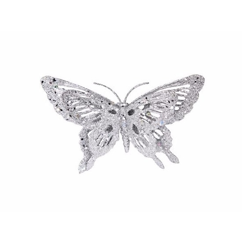 Kerst decoratie vlinder zilver 15 x 11 cm