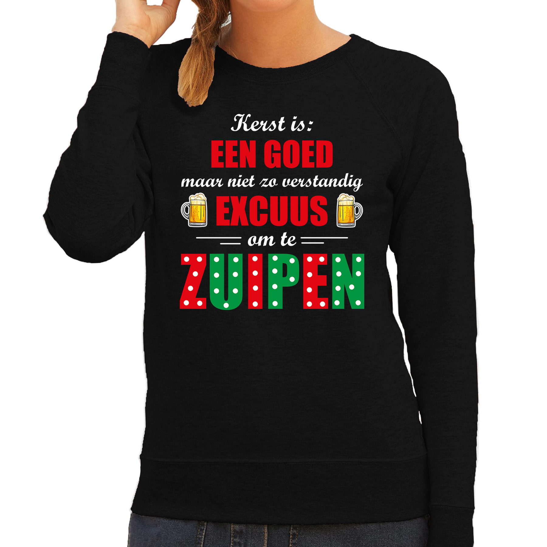 Kerst goed excuus om te zuipen foute Kerstsweater-Kersttrui zwart voor dames