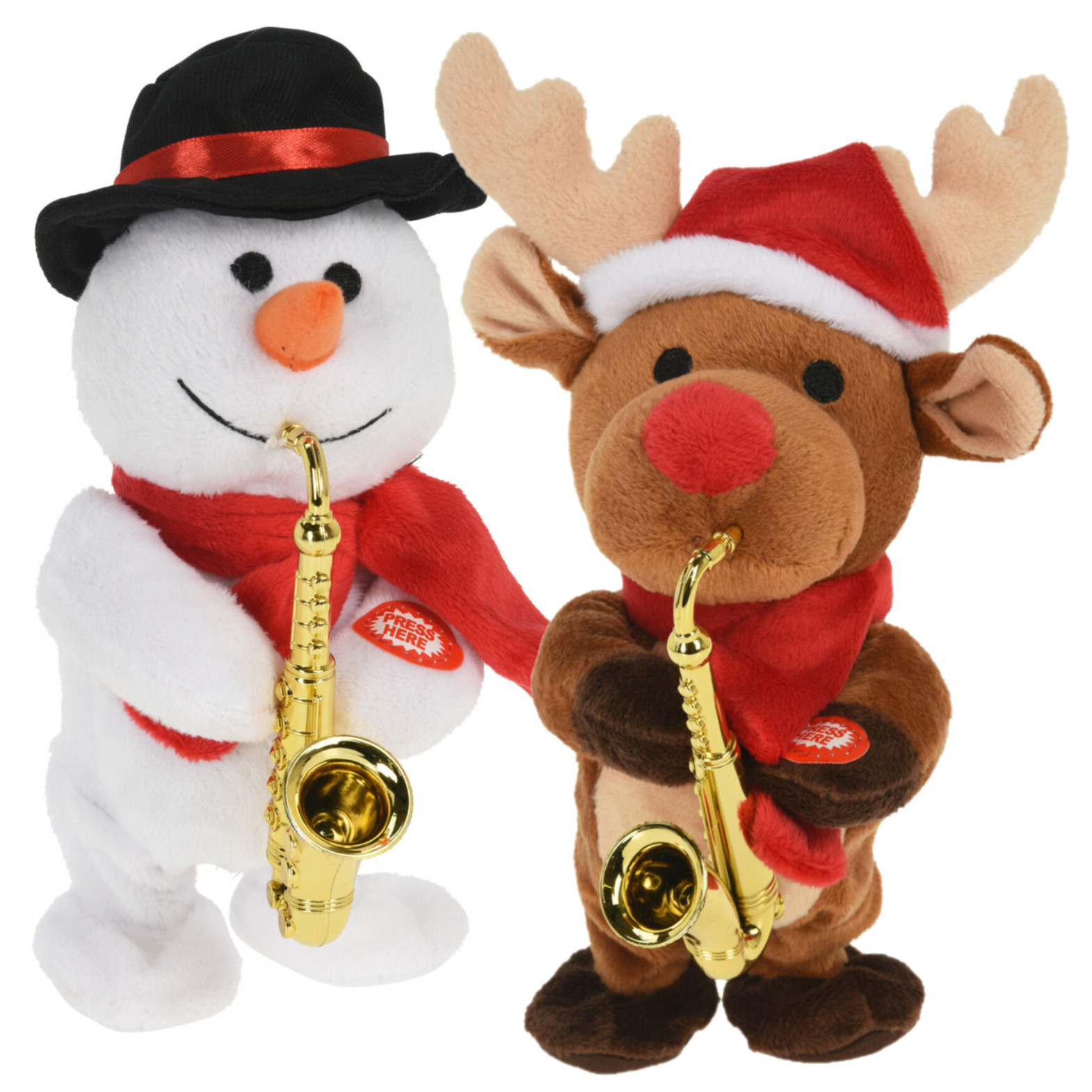 Christmas Decoration Kerst knuffels/figuren -sneeuwpop en rendier - 21 cm - met beweging en geluid -