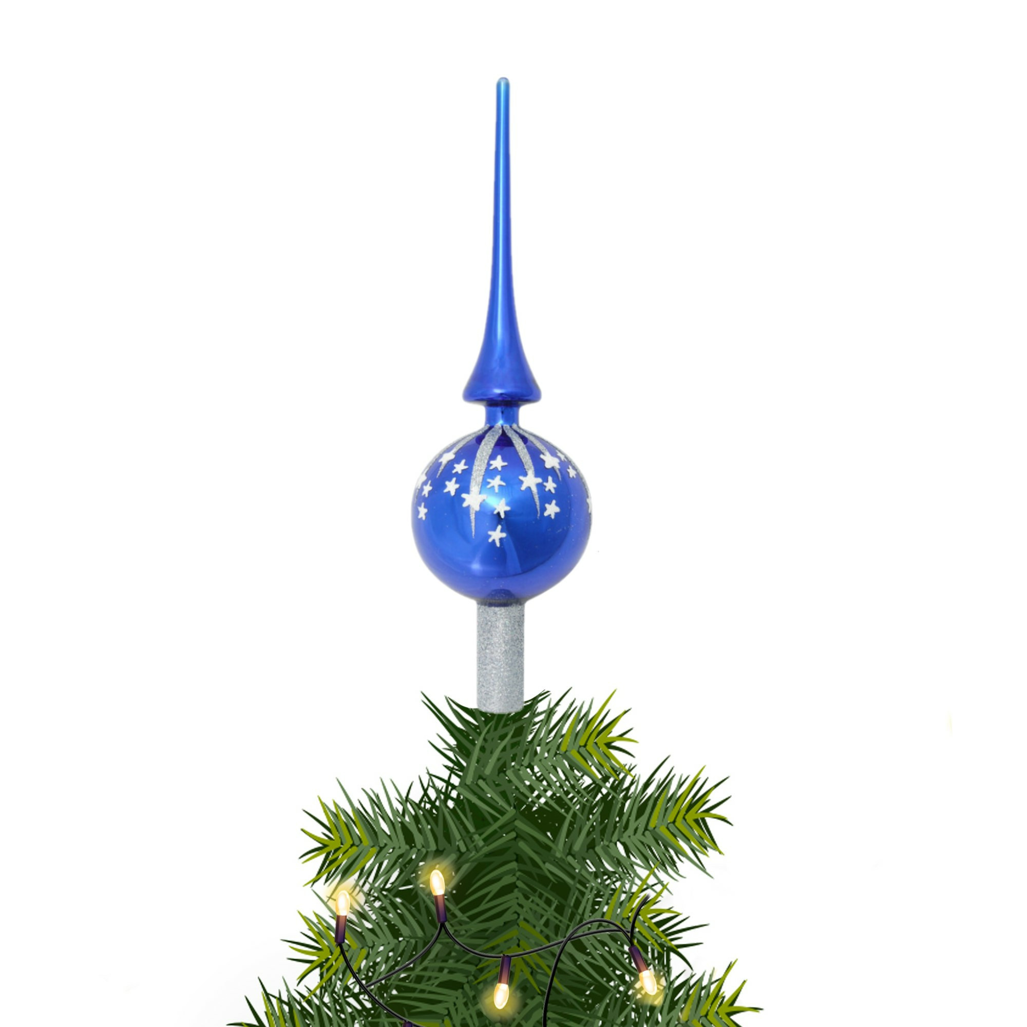 Kerst piek van glas blauw met sterren H28 cm