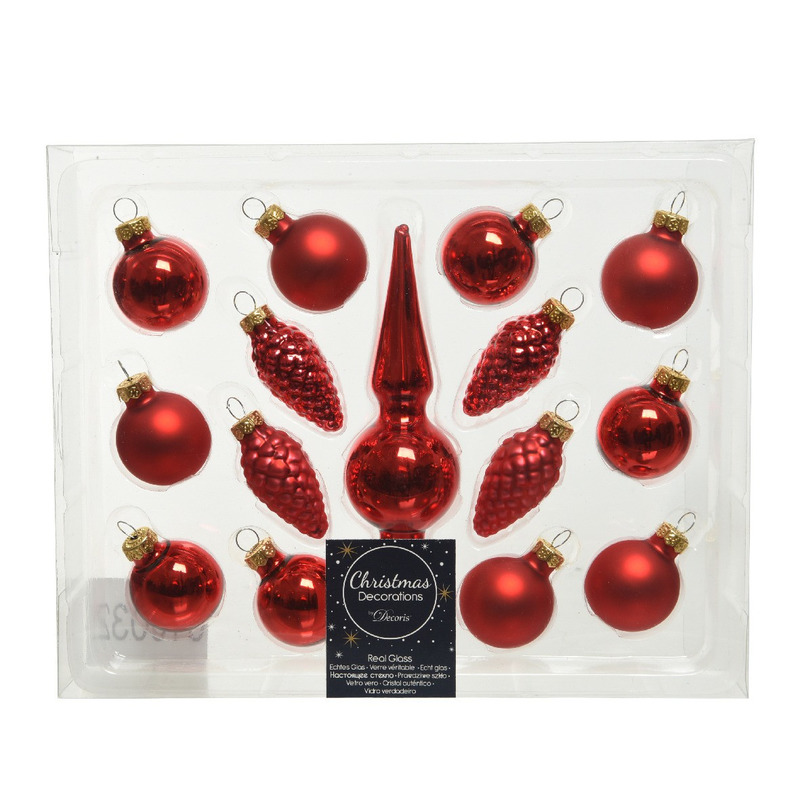 Kerst rode glazen kerstballen 3 cm en piek set voor mini kerstboom 15-dlg