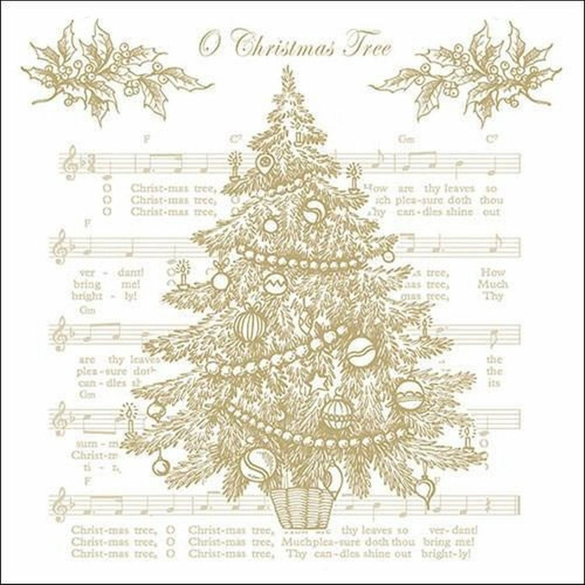Kerst thema servetten 20x st 33 x 33 cm wit-goud muziek kerstboom