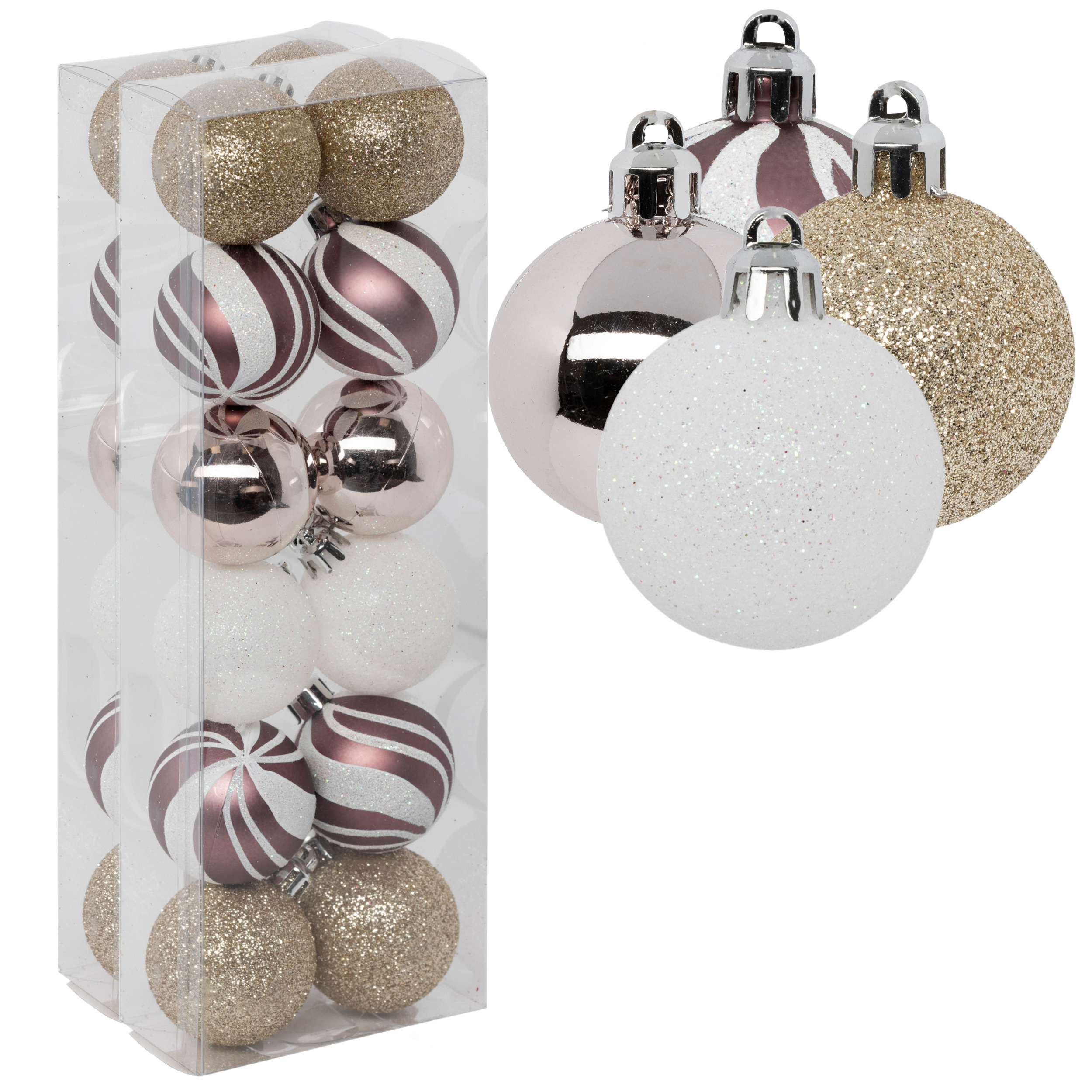 Kerstballen 24x stuks champagne-roze-wit-goud 4 cm kunststof