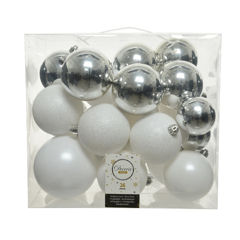 Kerstballen 26x st wit en zilver 6, 8 en 10 cm kunststof kerstversiering