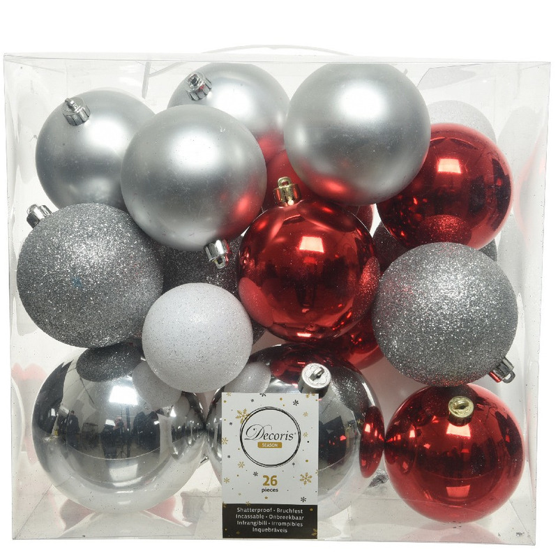 Kerstballen 26x st zilver-rood-wit 6, 8, 10 cm kunststof