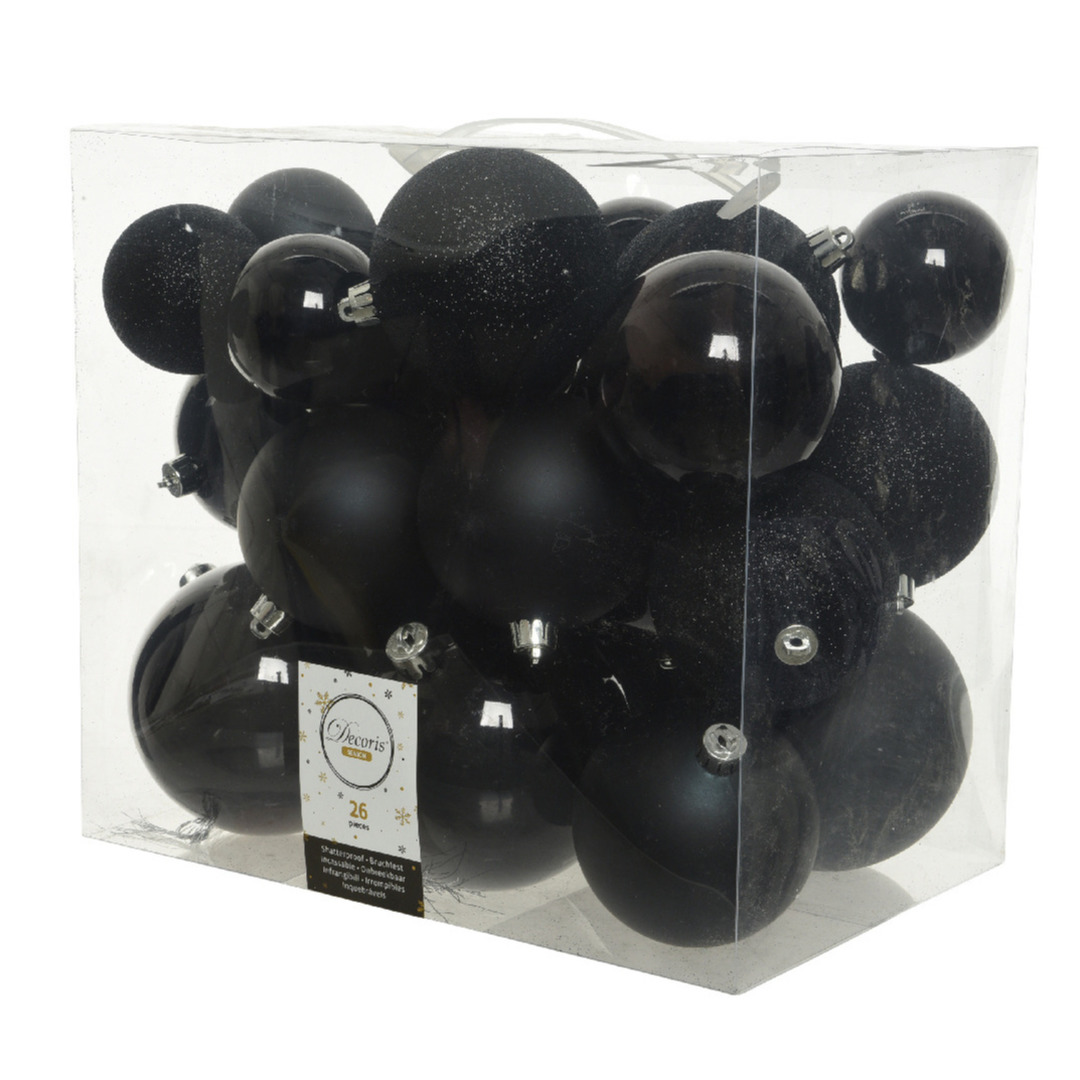 Kerstballen 26x st zwart 6, 8 en 10 cm kunststof mat-glans kerstversiering