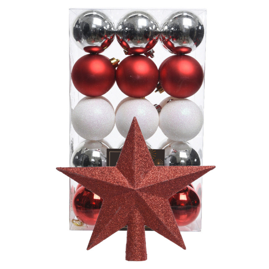 Kerstballen 30x st parelmoer wit-rood-zilver- 6 cm met ster piek zilver- kunststof