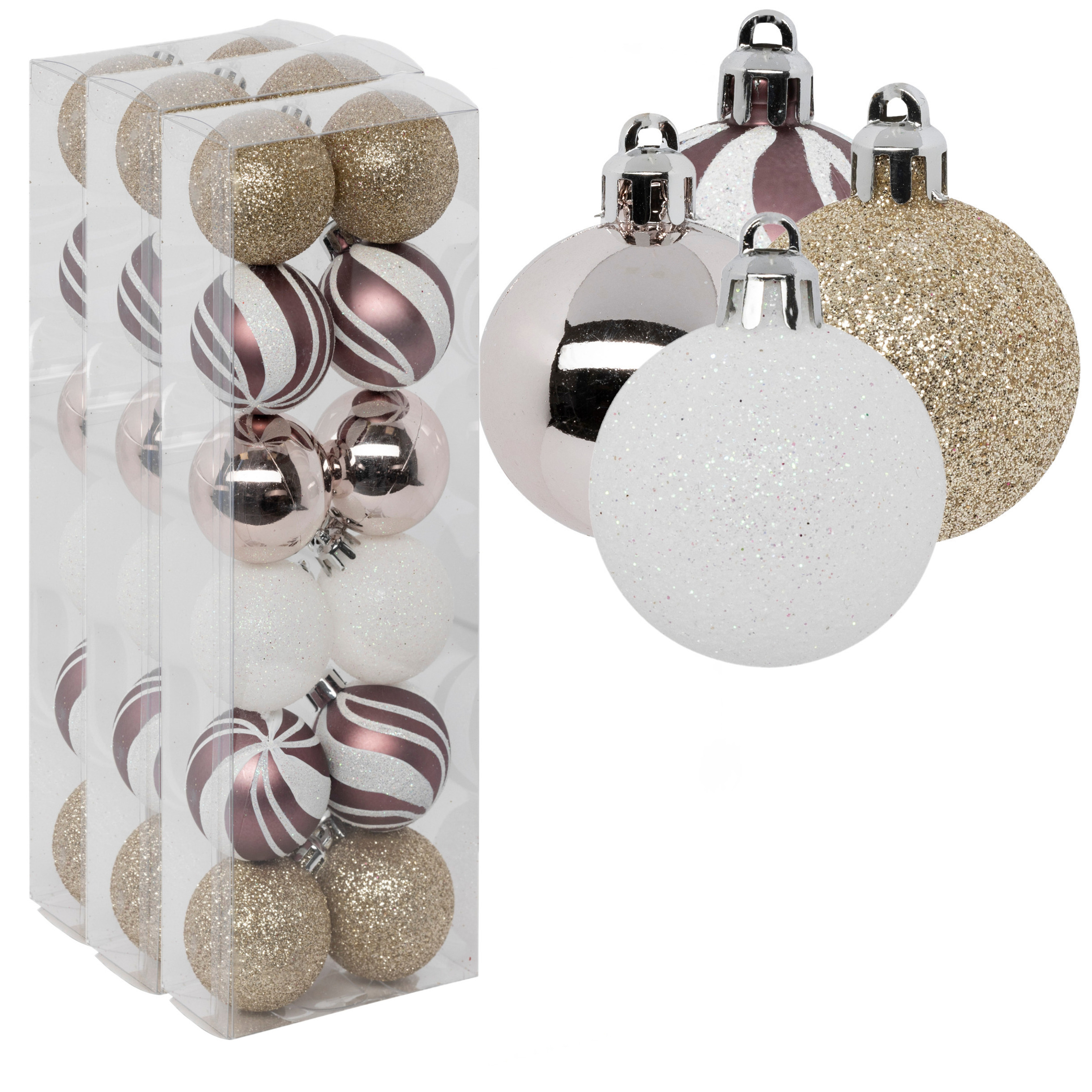 Kerstballen 36x stuks champagne-roze-wit-goud 4 cm kunststof