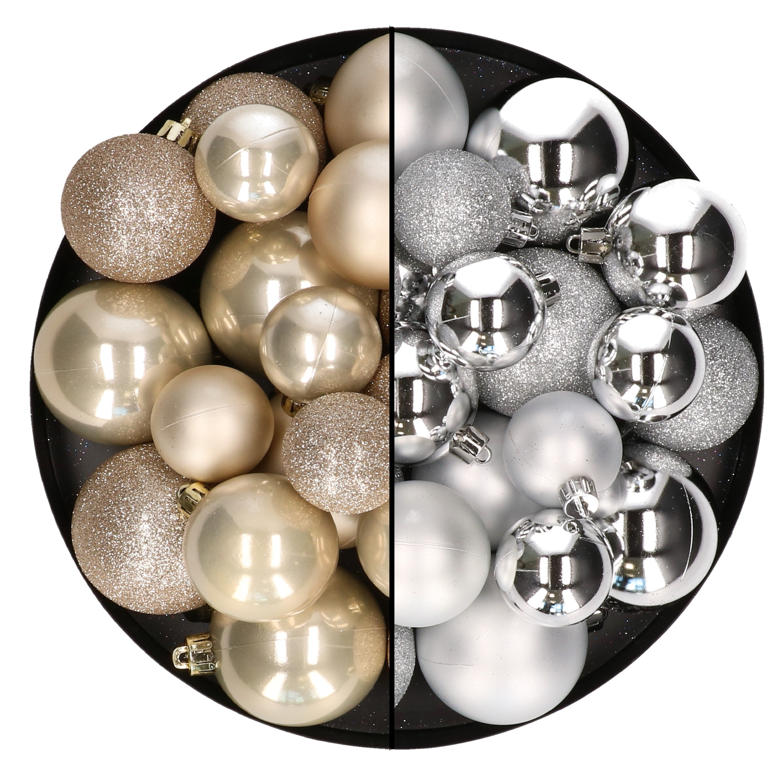 Kerstballen 60x stuks mix zilver-champagne 4-5-6 cm kunststof