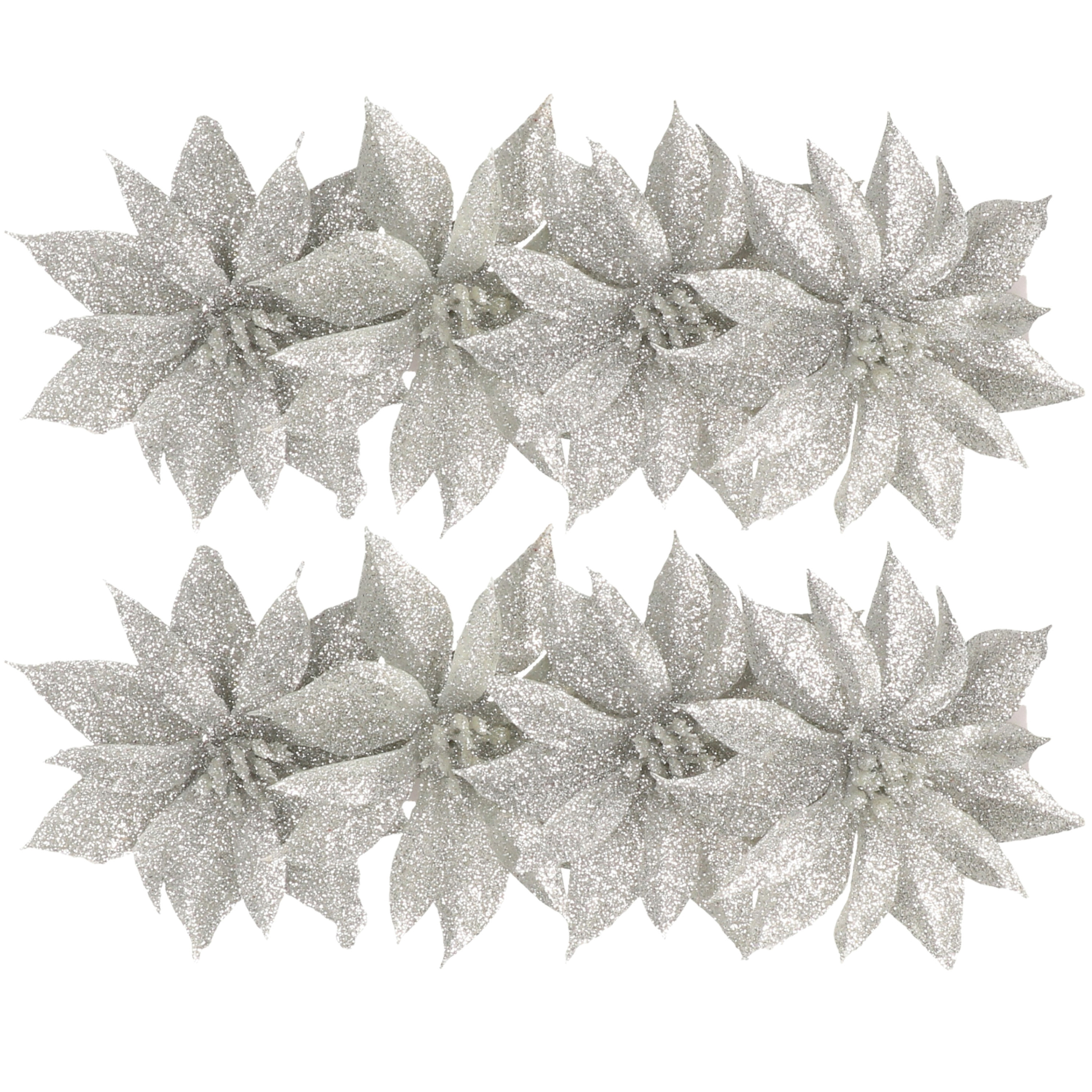 Kerstboom bloemen op clip 8x stuks zilver glitter 9.5 cm