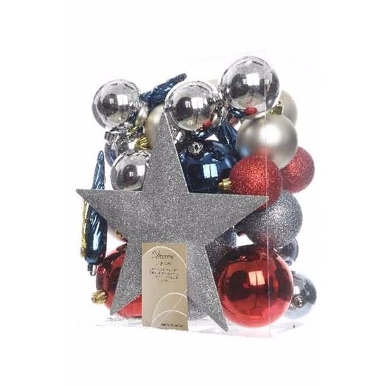 Kerstboom decoratie kerstballen set zilver/rood/blauw 33 stuks