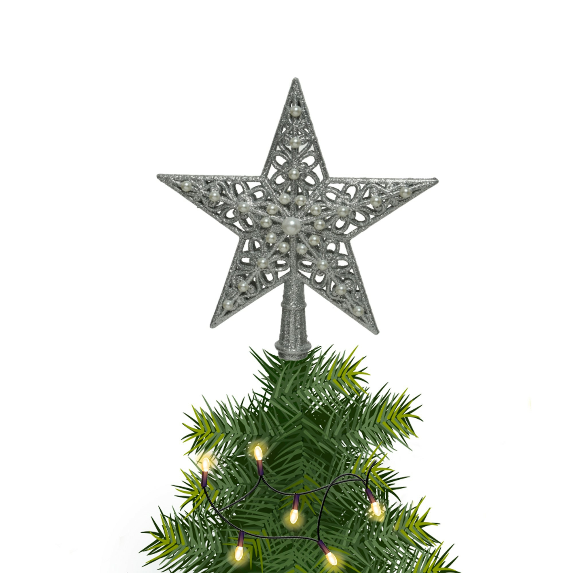 Kerstboom piek open kunststof ster zilver H21 cm