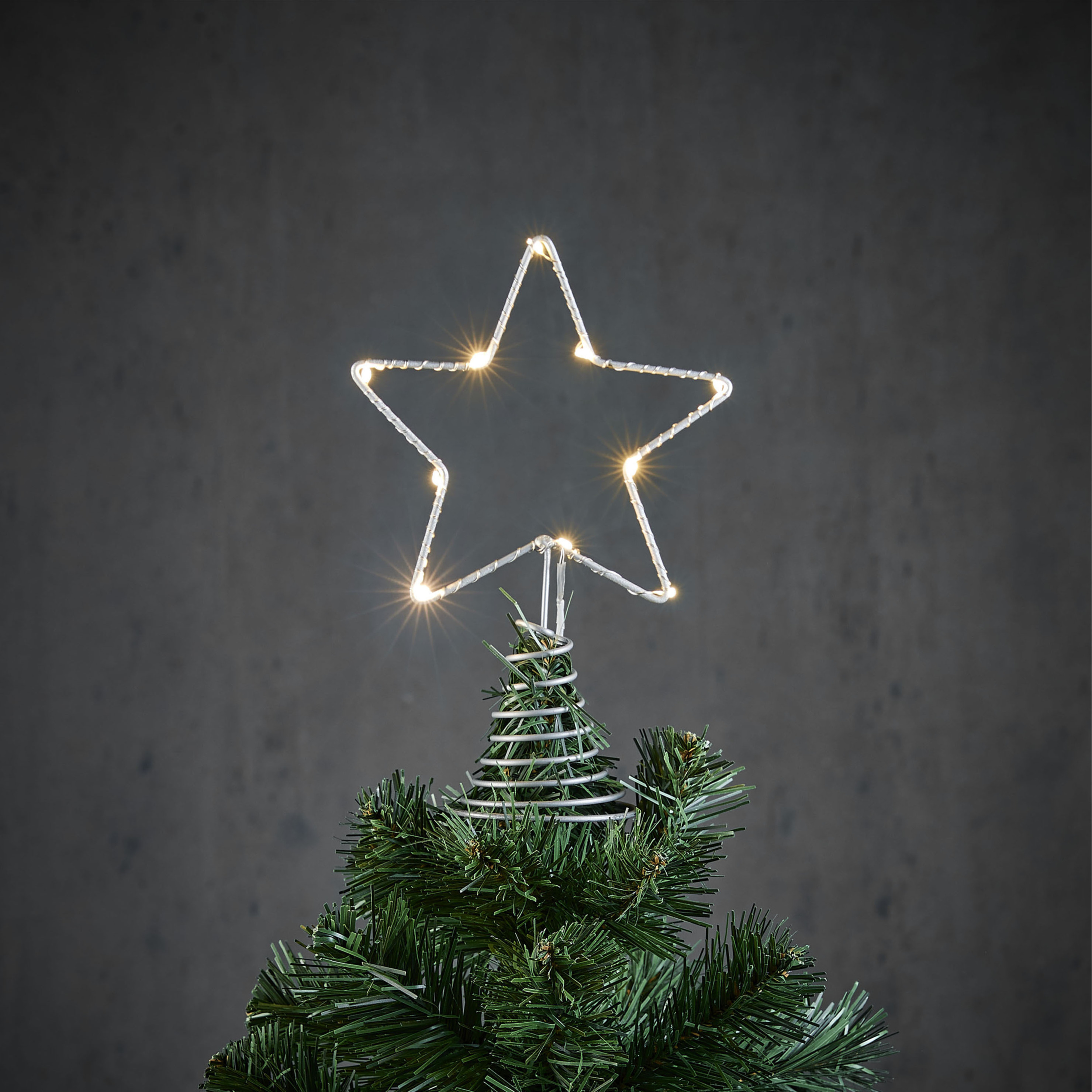 Kerstboom ster piek-topper zilver met LED verlichting H22 x D13 cm