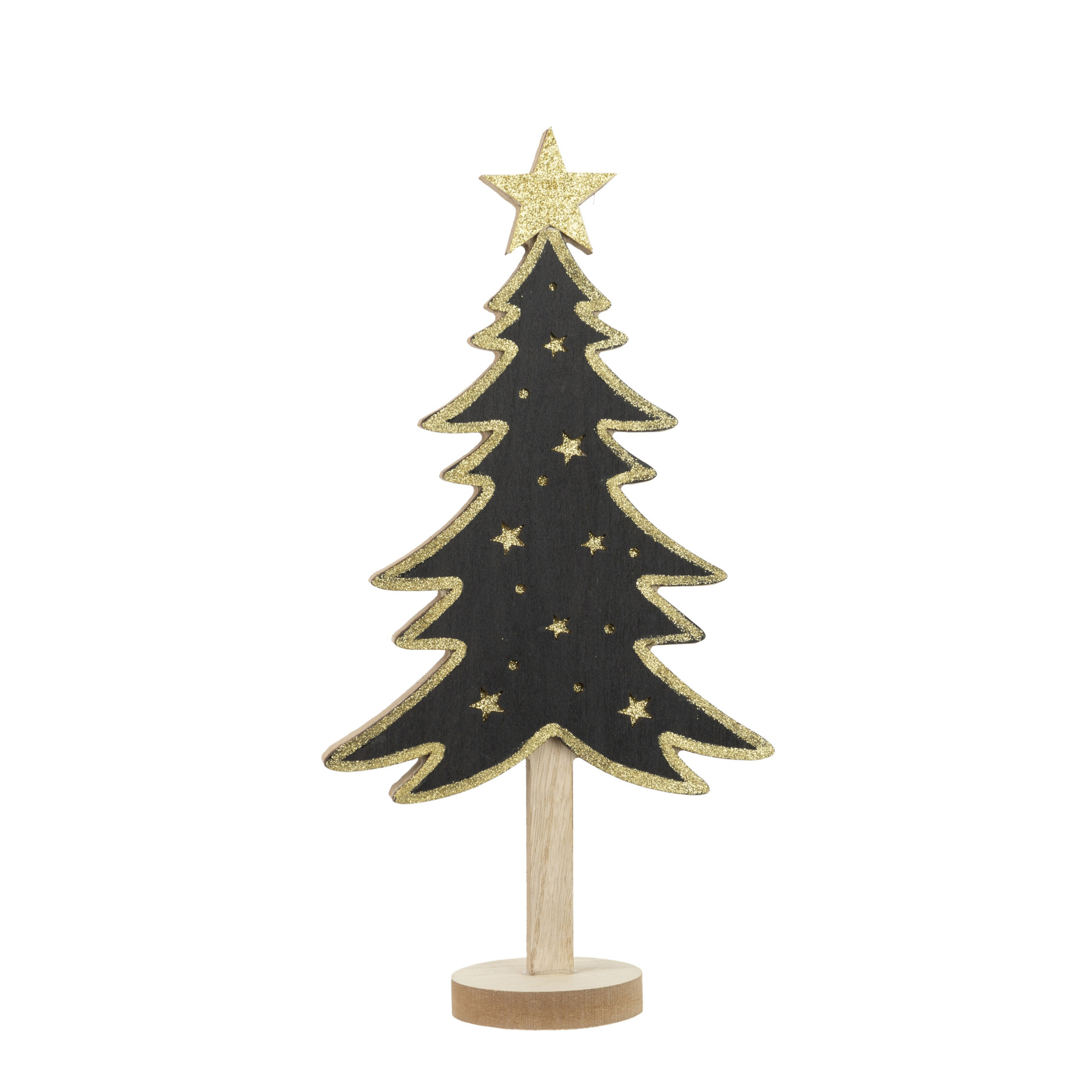 Kerstdecoratie houten decoratie kerstboom zwart met gouden sterren B18 x H36 cm
