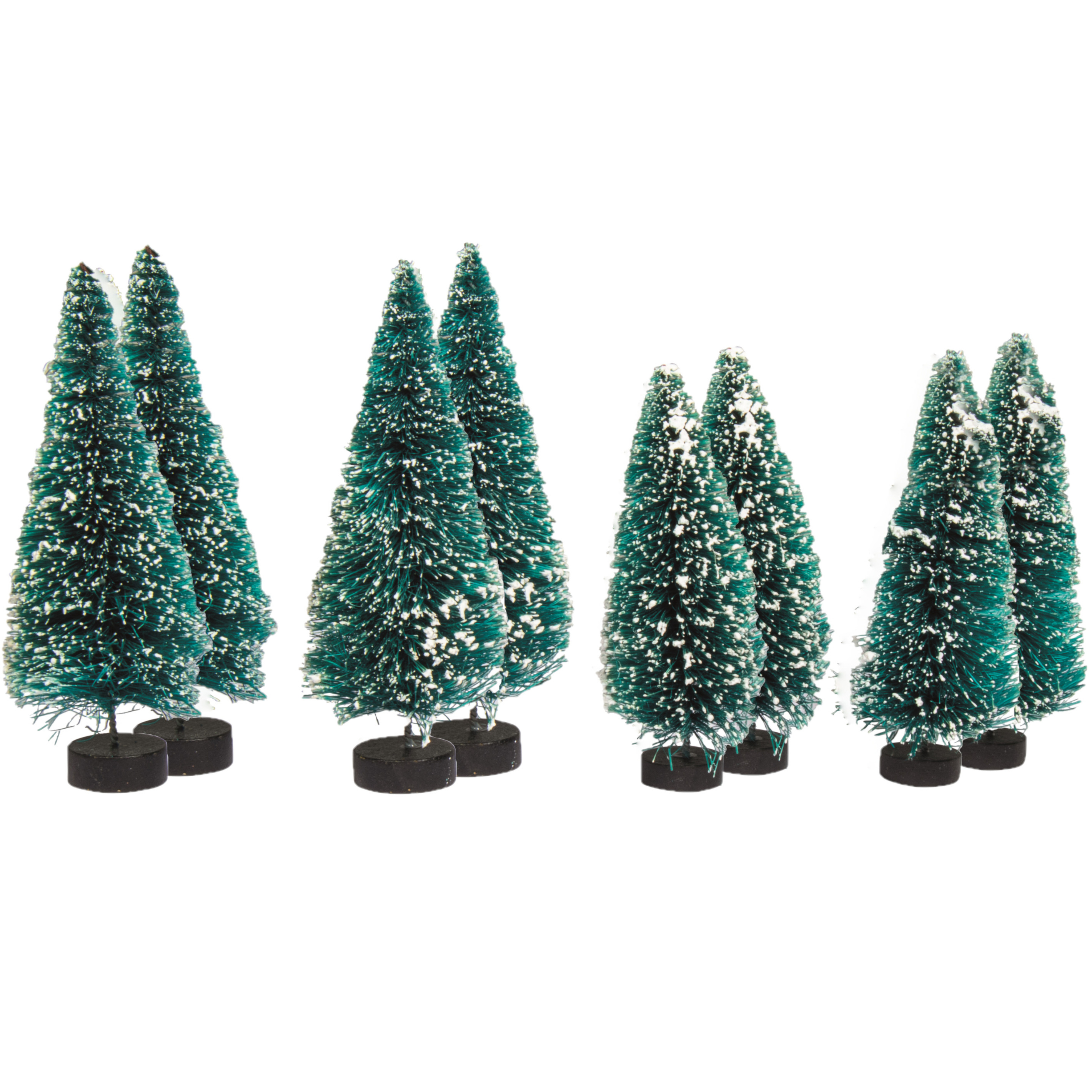 Kerstdorp boompjes-kerstboompjes 8x st 9 en 12 cm -besneeuwd miniatuur