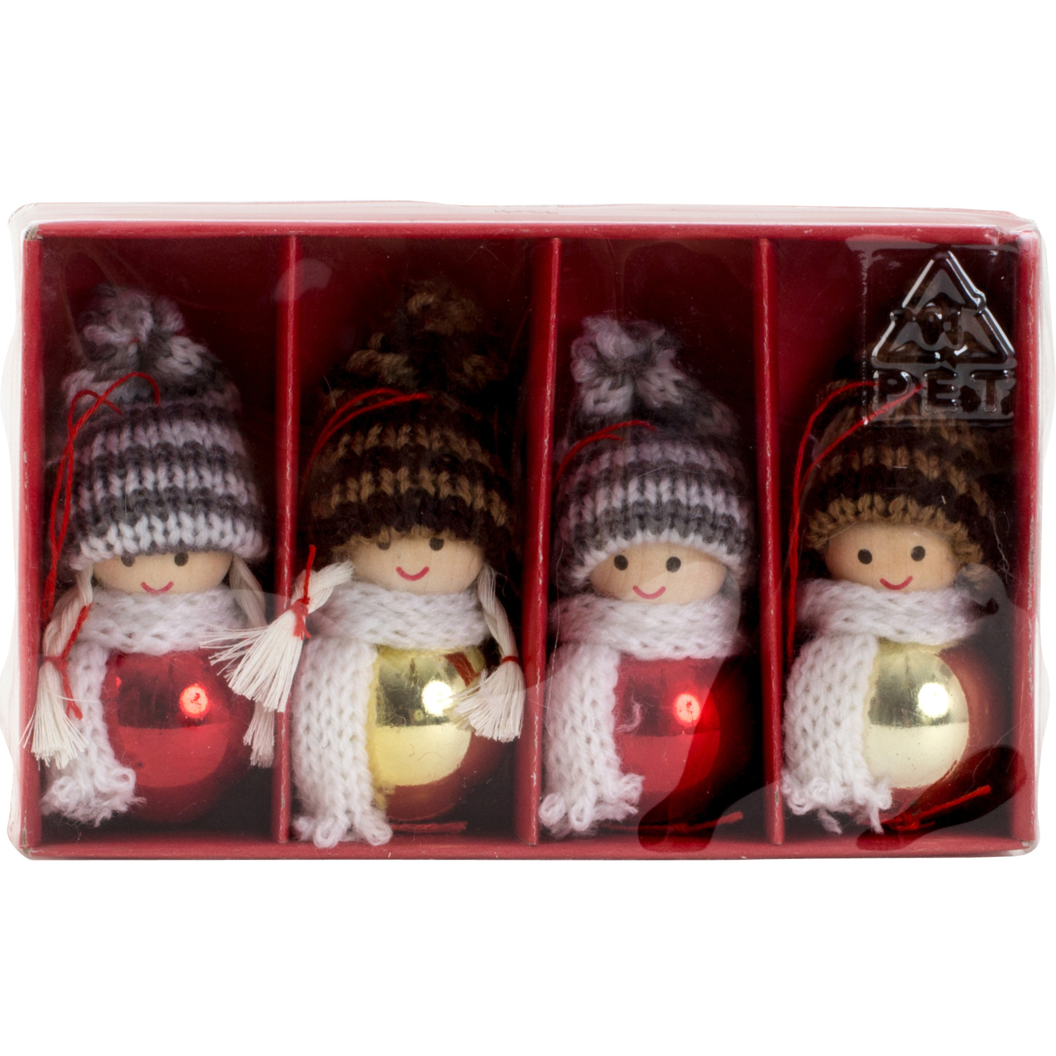 Kersthangers-kerstballen- poppetjes 4x st- gekleurd hout -7 cm