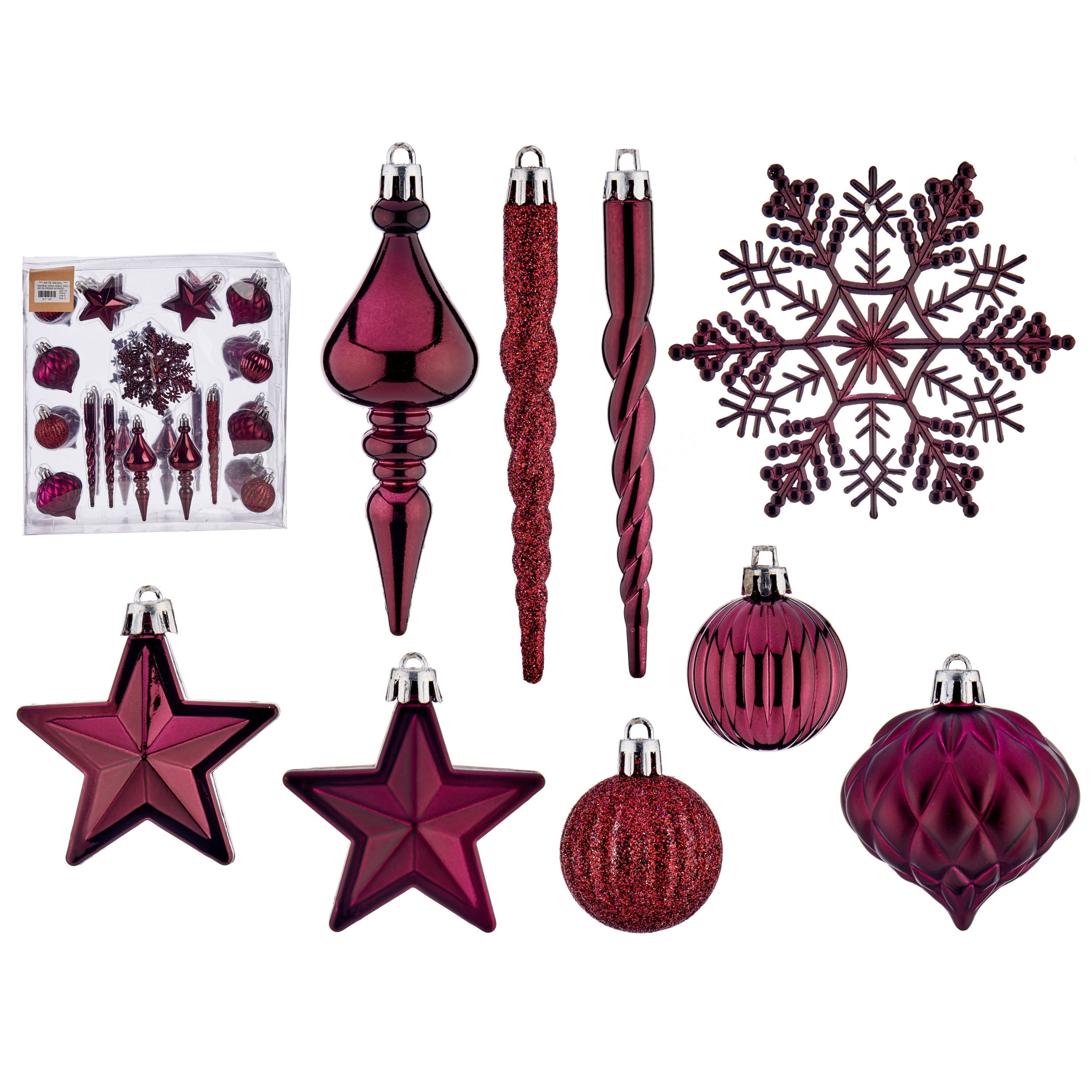 Kersthangers-ornamenten set 32x stuks wijn-bordeaux rood kunststof