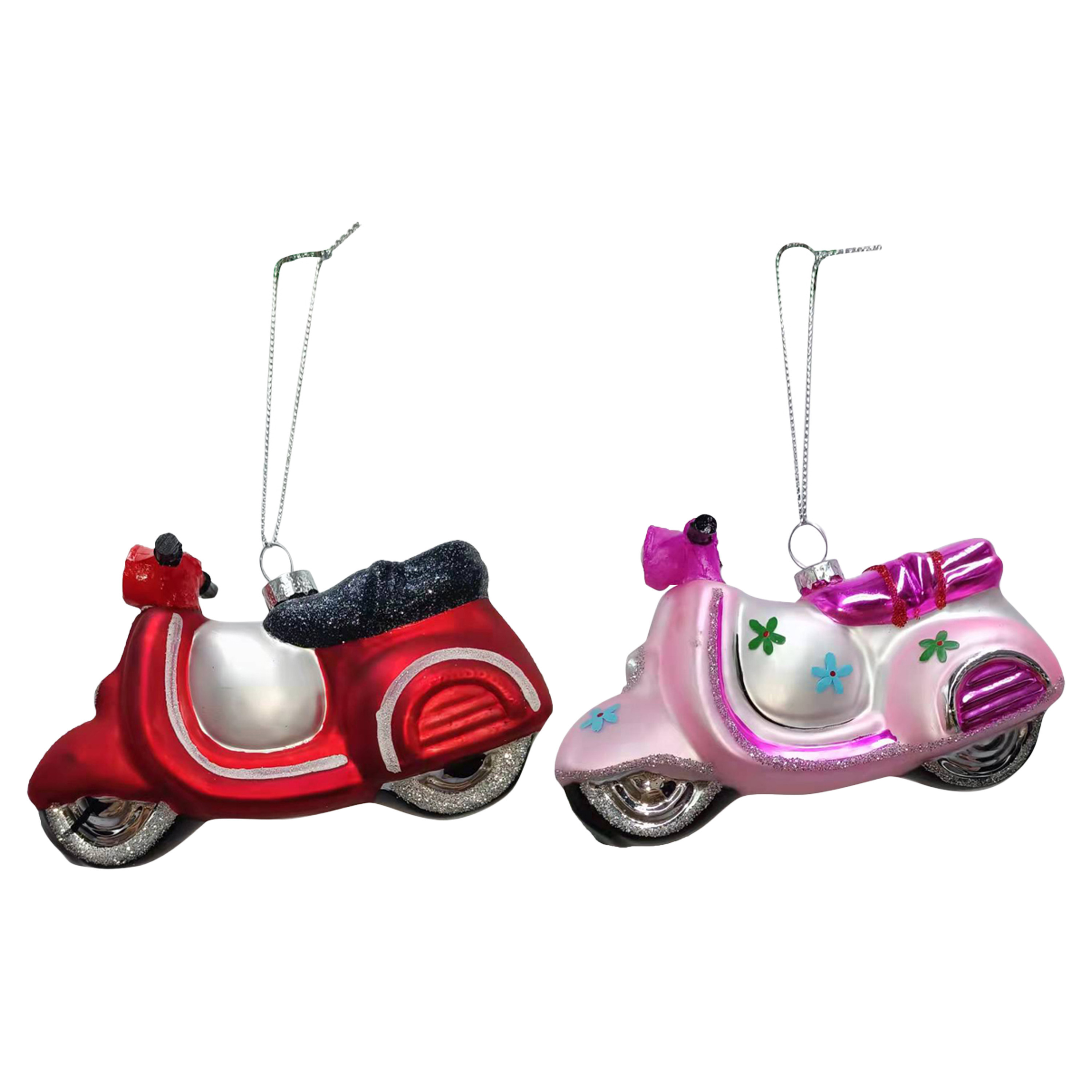Kersthangers scooters 2x st roze en rood 11,5 cm glas kerstornamenten