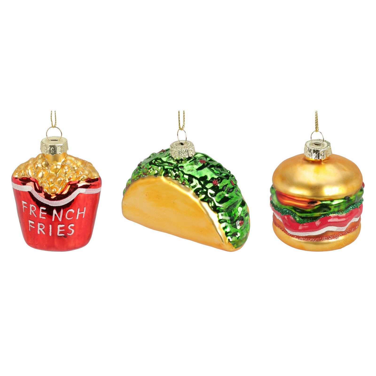 Kersthangers snacks 3x st glas hamburger-friet-sandwich