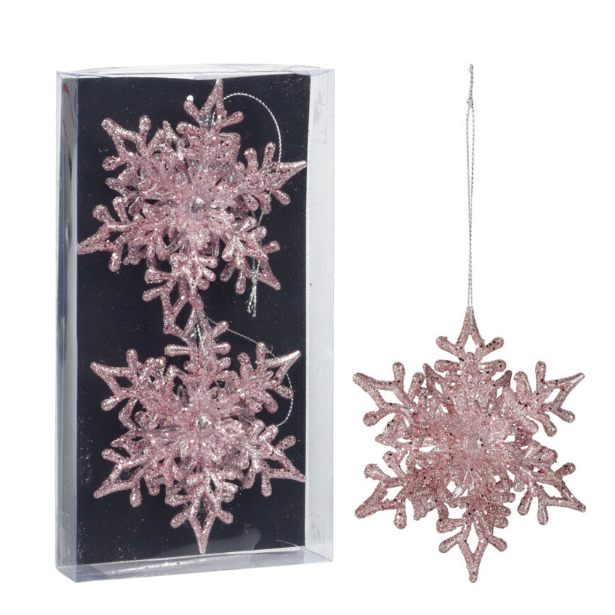 Kersthangers sneeuwvlokken -2x st-roze 11,5 cm kunststof