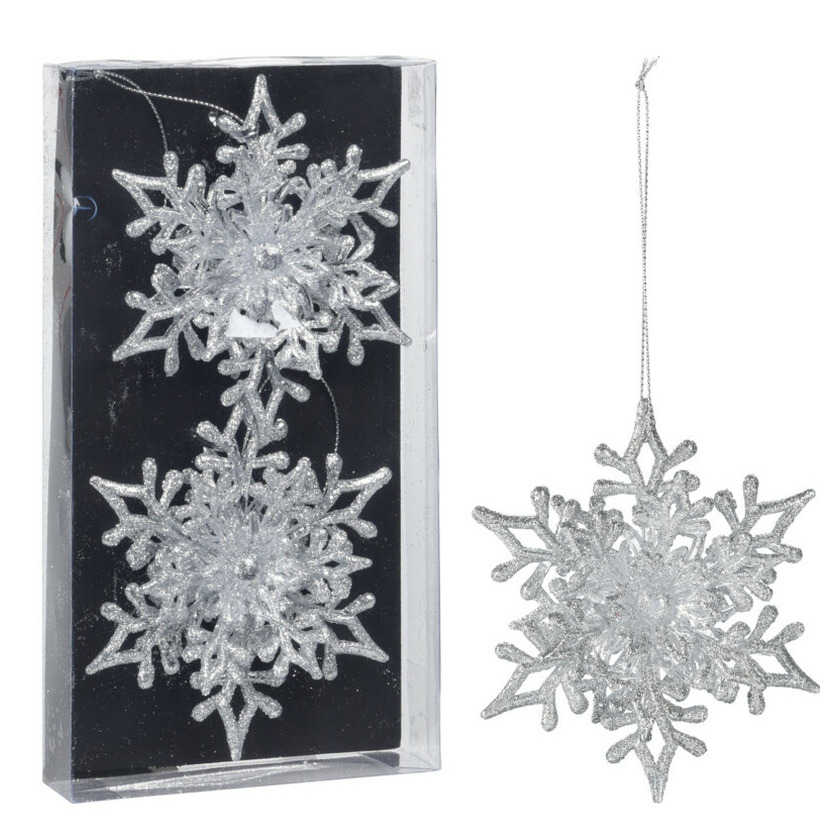 Kersthangers sneeuwvlokken -2x st-zilver 11,5 cm kunststof