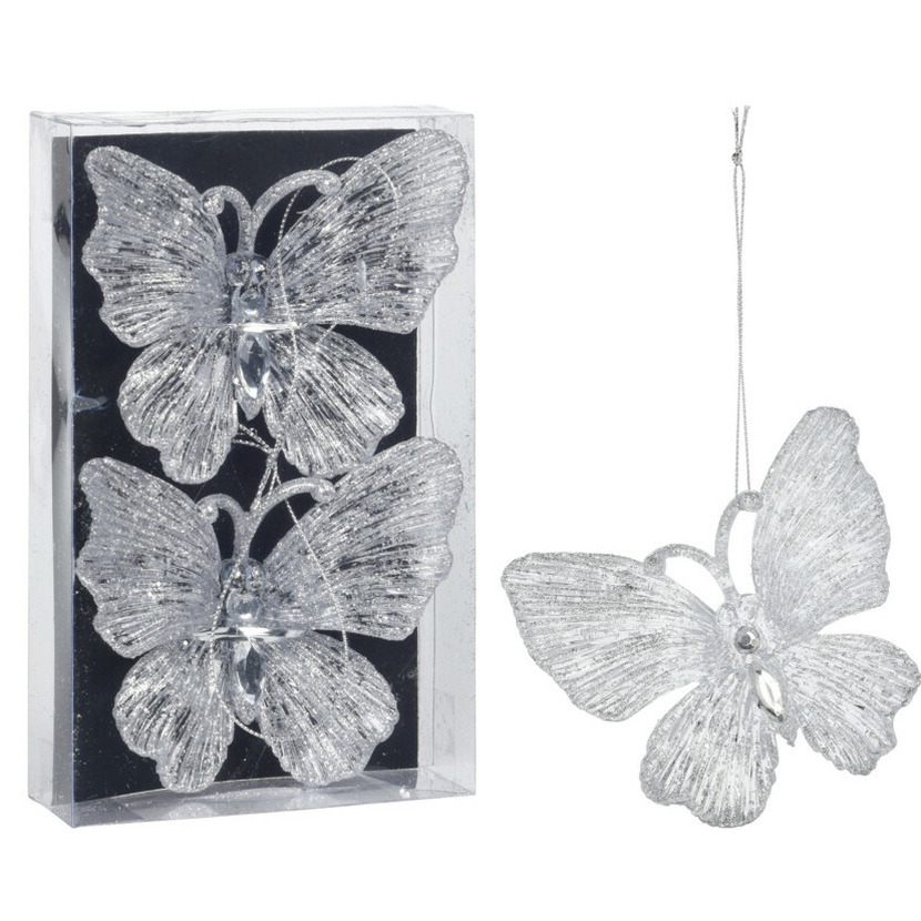 Kersthangers vlinders 2x st- transparant glitter 15 cm kunststof