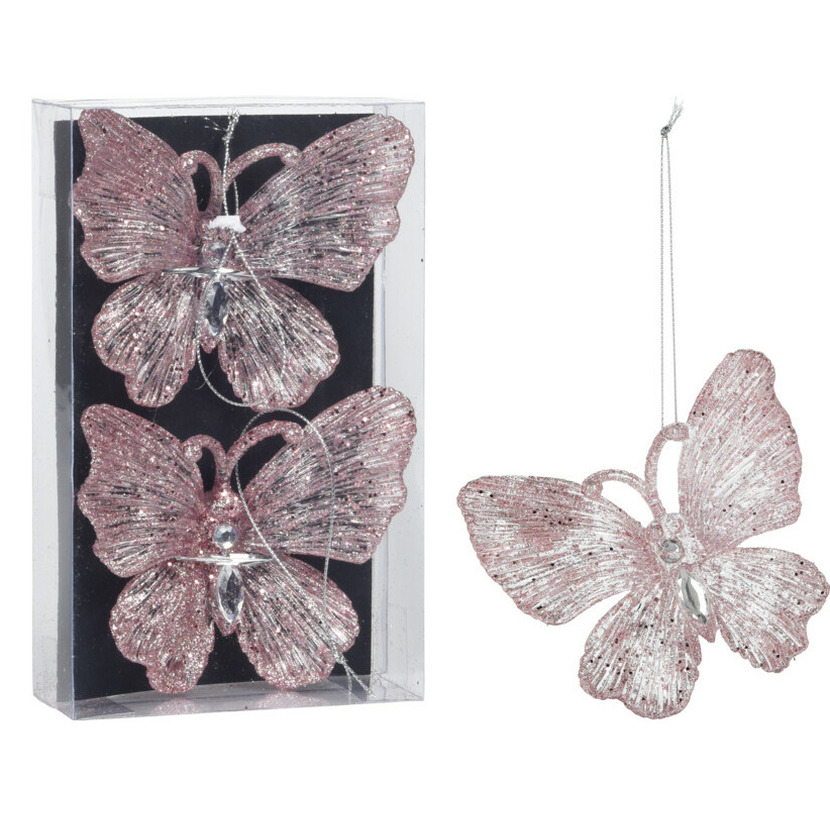 Kersthangers vlinders -2x-transparant met roze glitter -15cm -kunststof