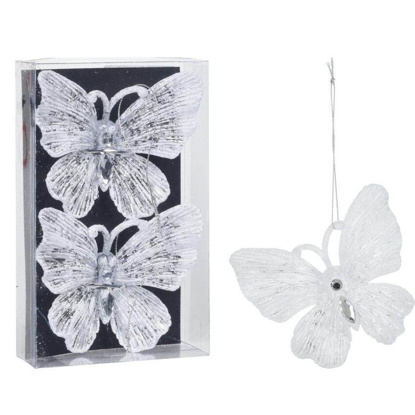 Kersthangers vlinders -2x-transparant met wit glitter -15cm -kunststof