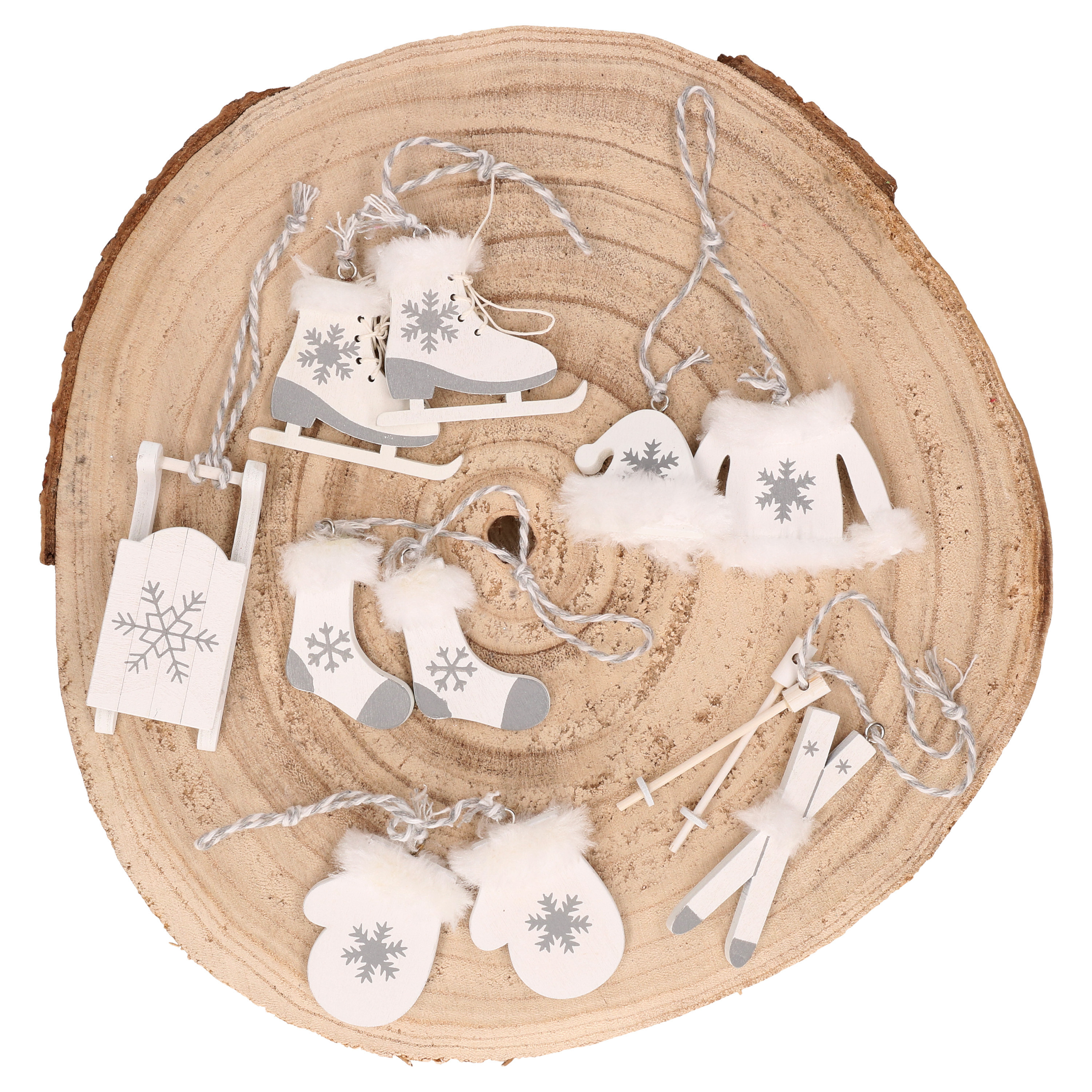 Kersthangers wintersport thema 6x stuks wit hout 8 cm