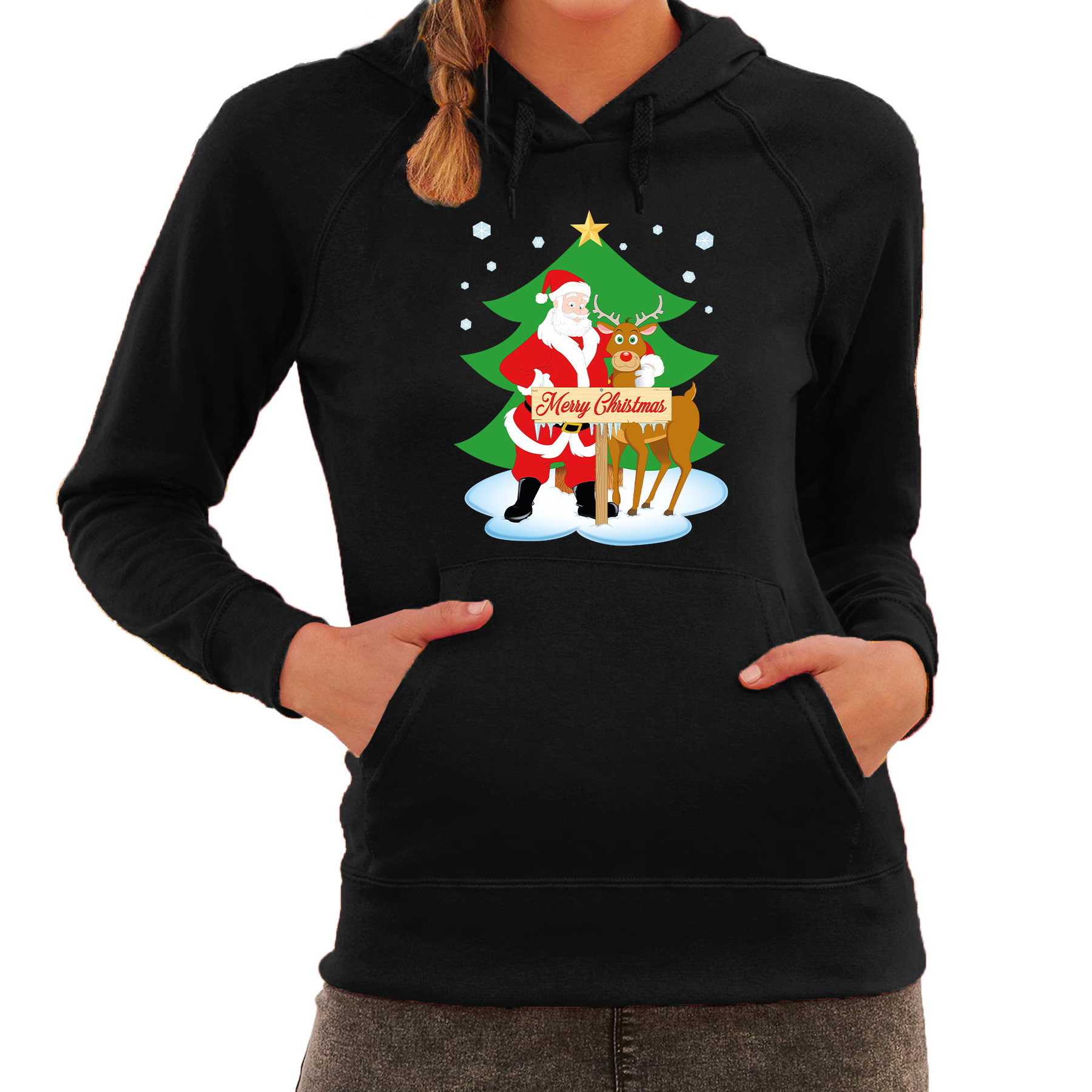 Kerstman met rudolf bij Kerstboom Merry Christmas foute Kerst hoodie-hooded sweater zwart voor dam
