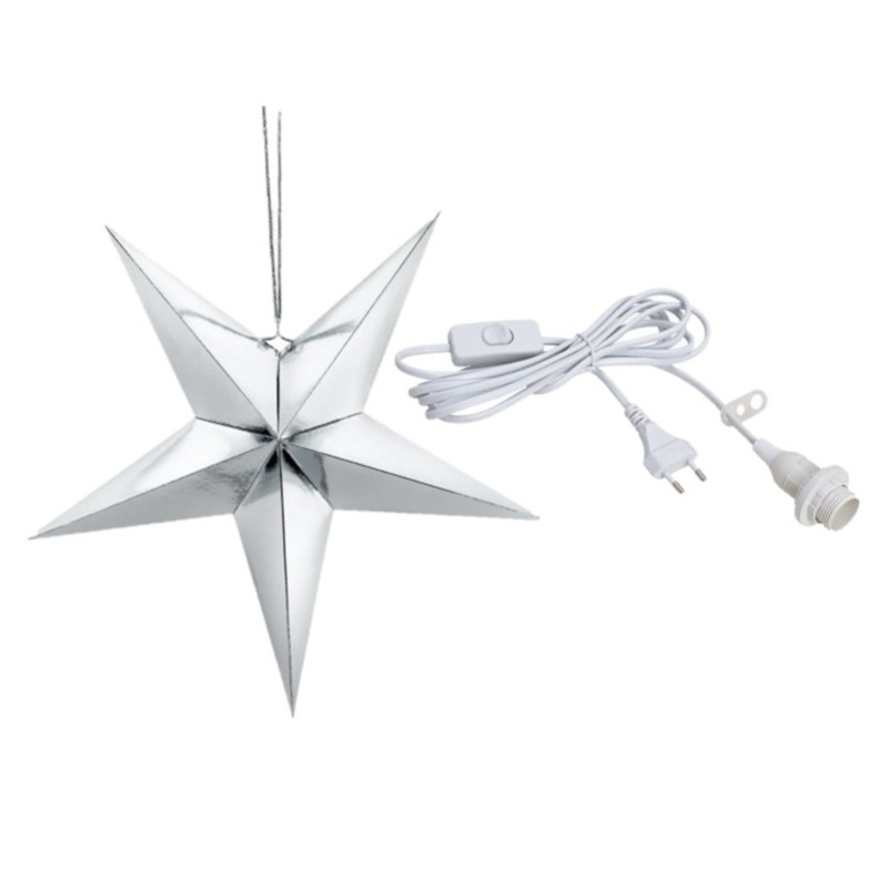 Kerstster decoratie zilveren ster lampion 70 cm inclusief witte lichtkabel