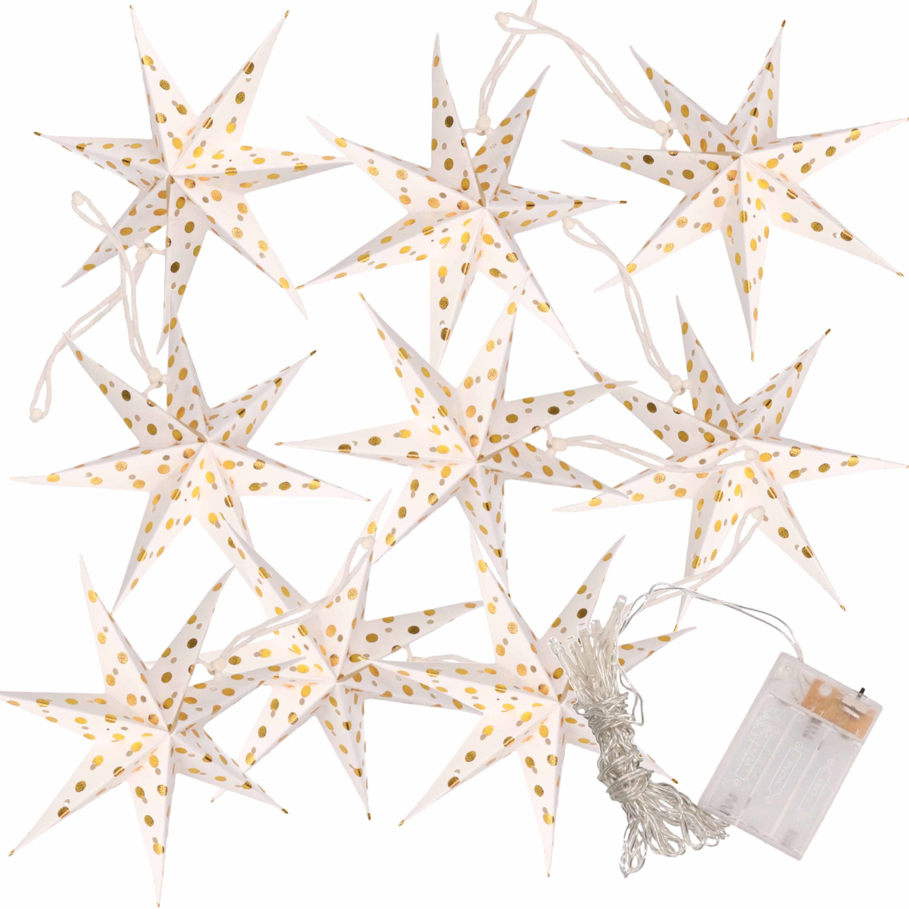 Kerstverlichting op batterijen lichtsnoer met witte papieren sterren 250 cm