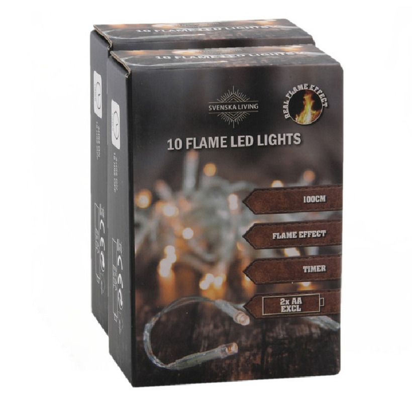 Kerstverlichting set van 2x st warm wit vlam effect -10 lampjes -100 cm -timer