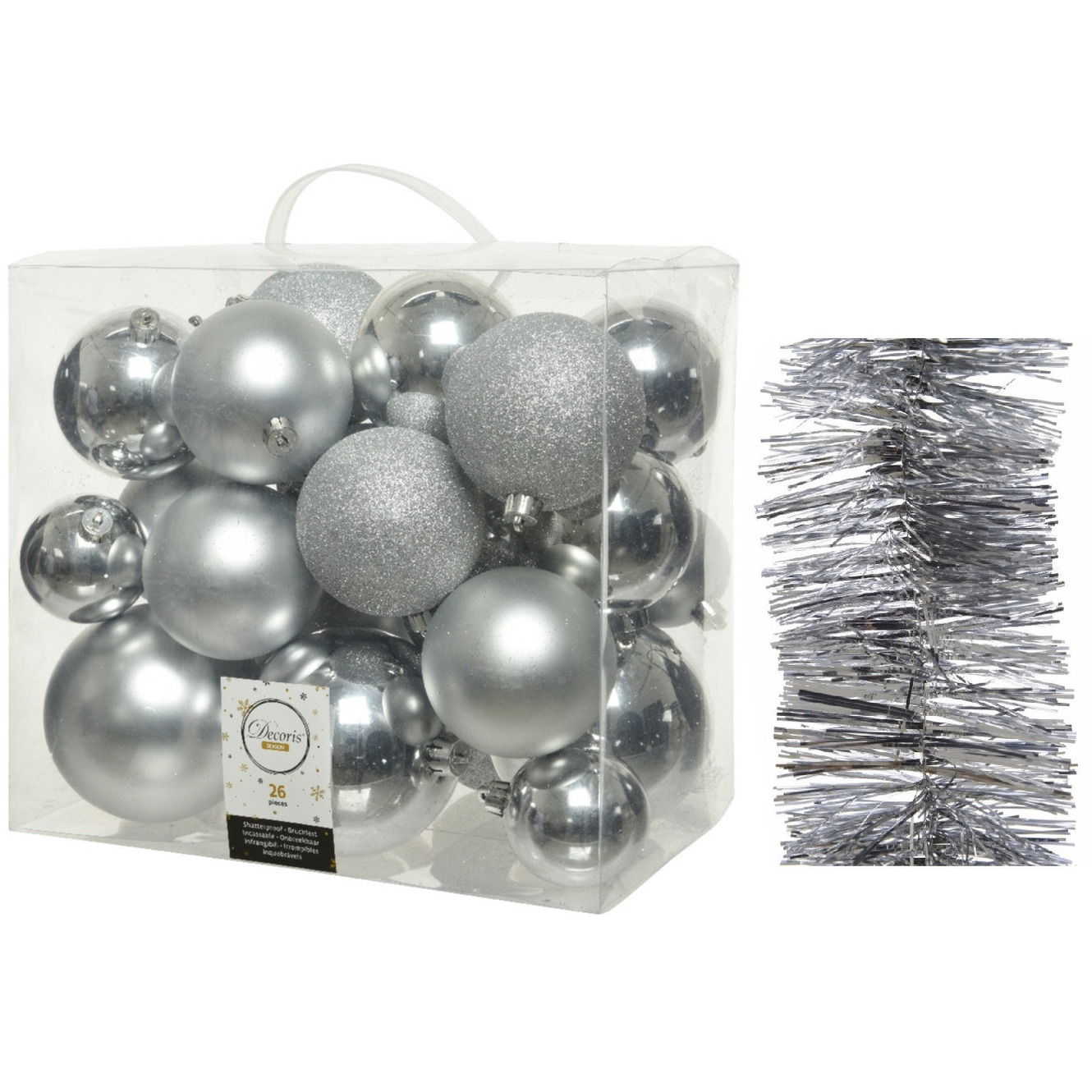 Kerstversiering kunststof kerstballen 6-8-10 cm met folieslingers pakket zilver van 28x stuks