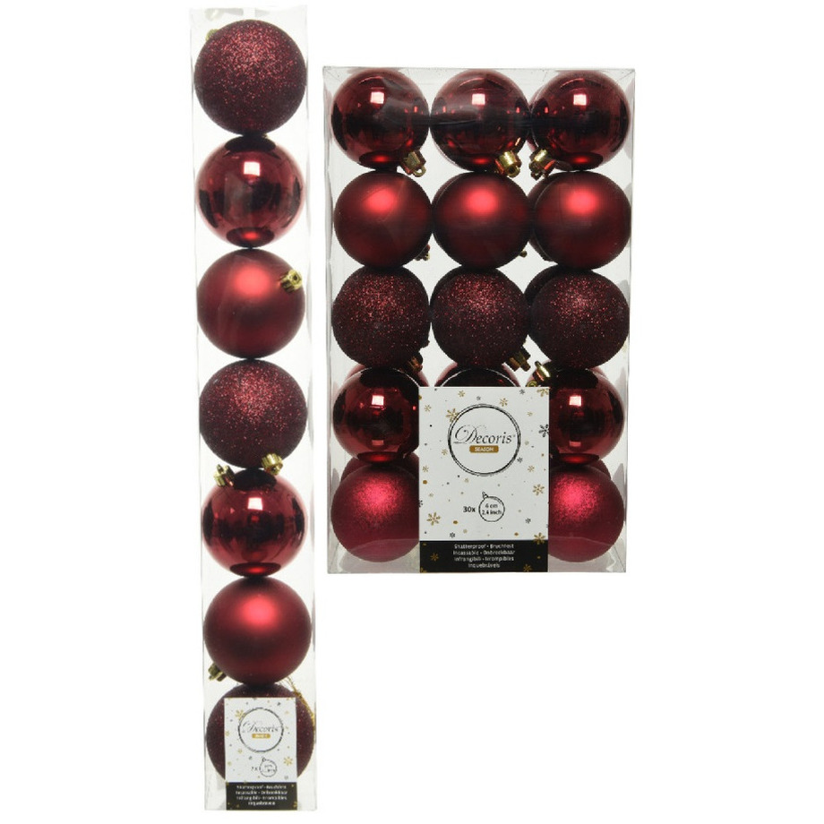 Kerstversiering kunststof kerstballen donkerrood 6-8 cm pakket van 44x stuks