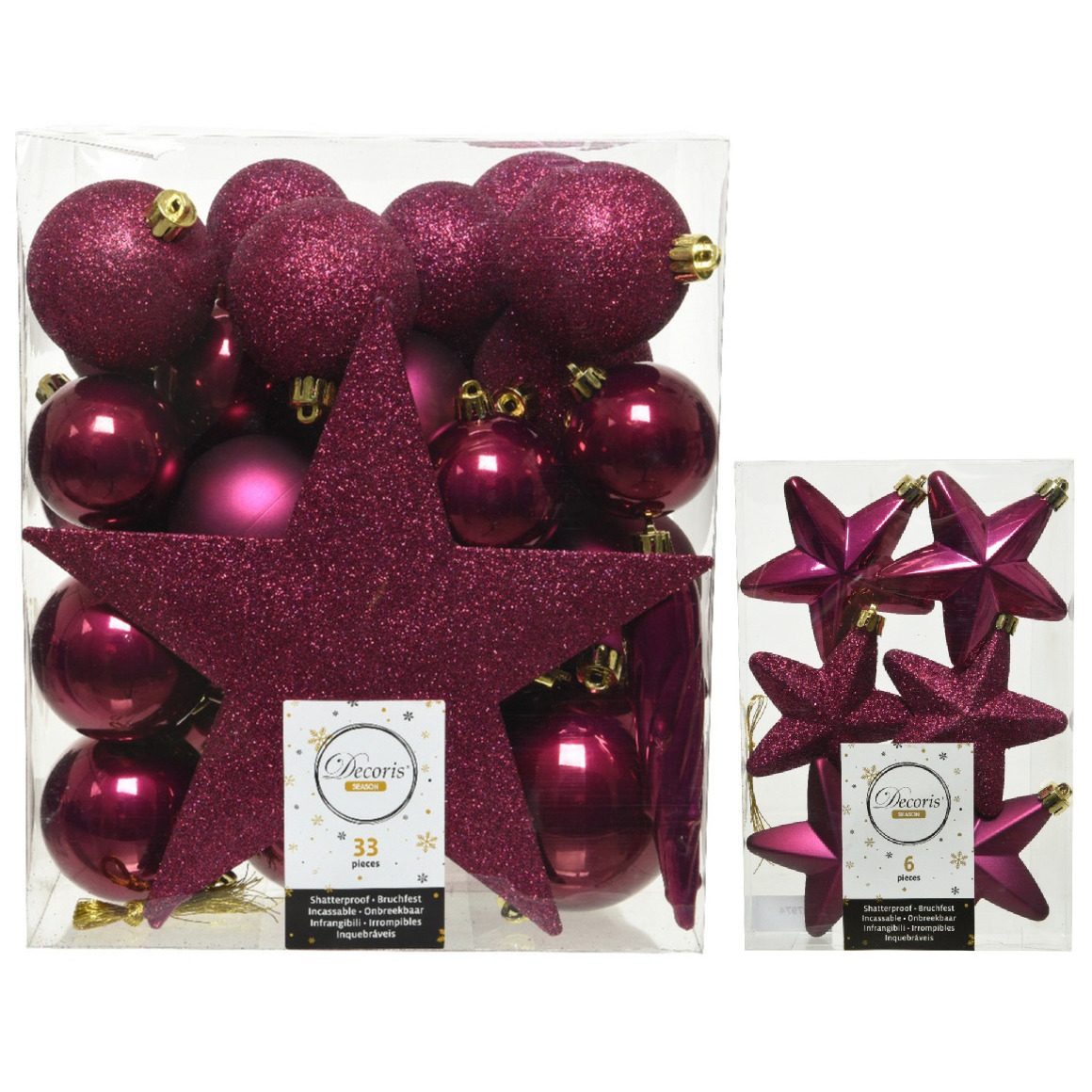 Kerstversiering kunststof kerstballen met piek framboos roze 5-6-8 cm pakket van 39x stuks