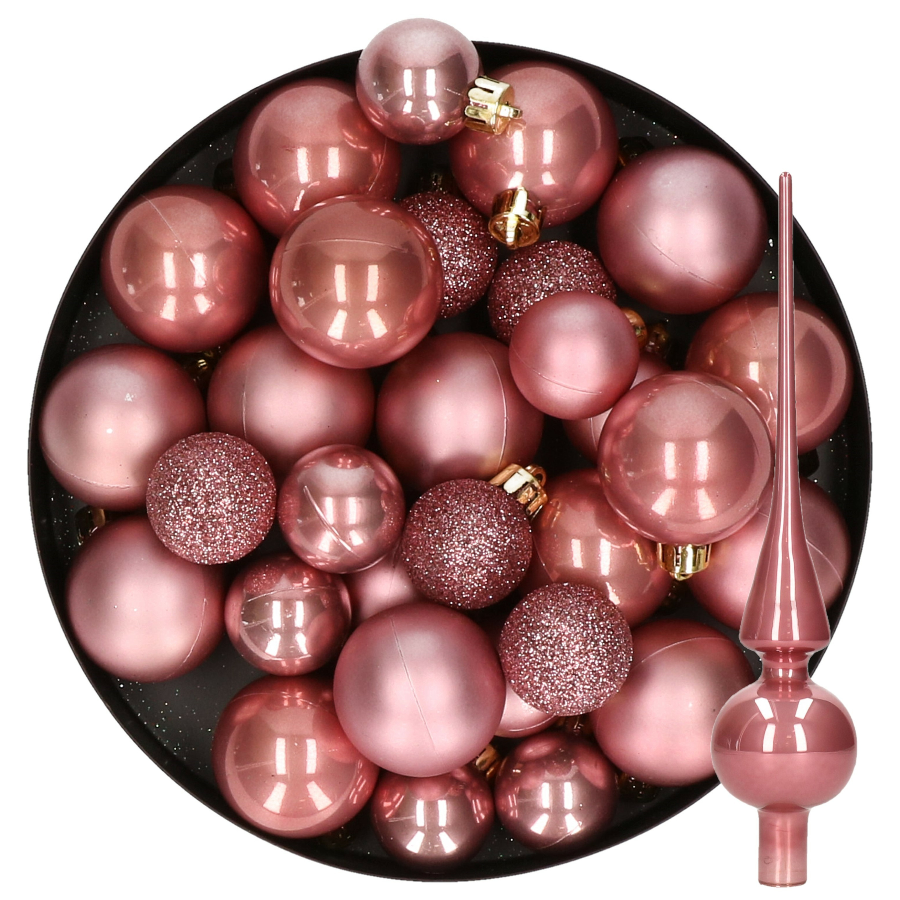Kerstversiering kunststof kerstballen met piek oud roze 6-8-10 cm pakket van 49x stuks