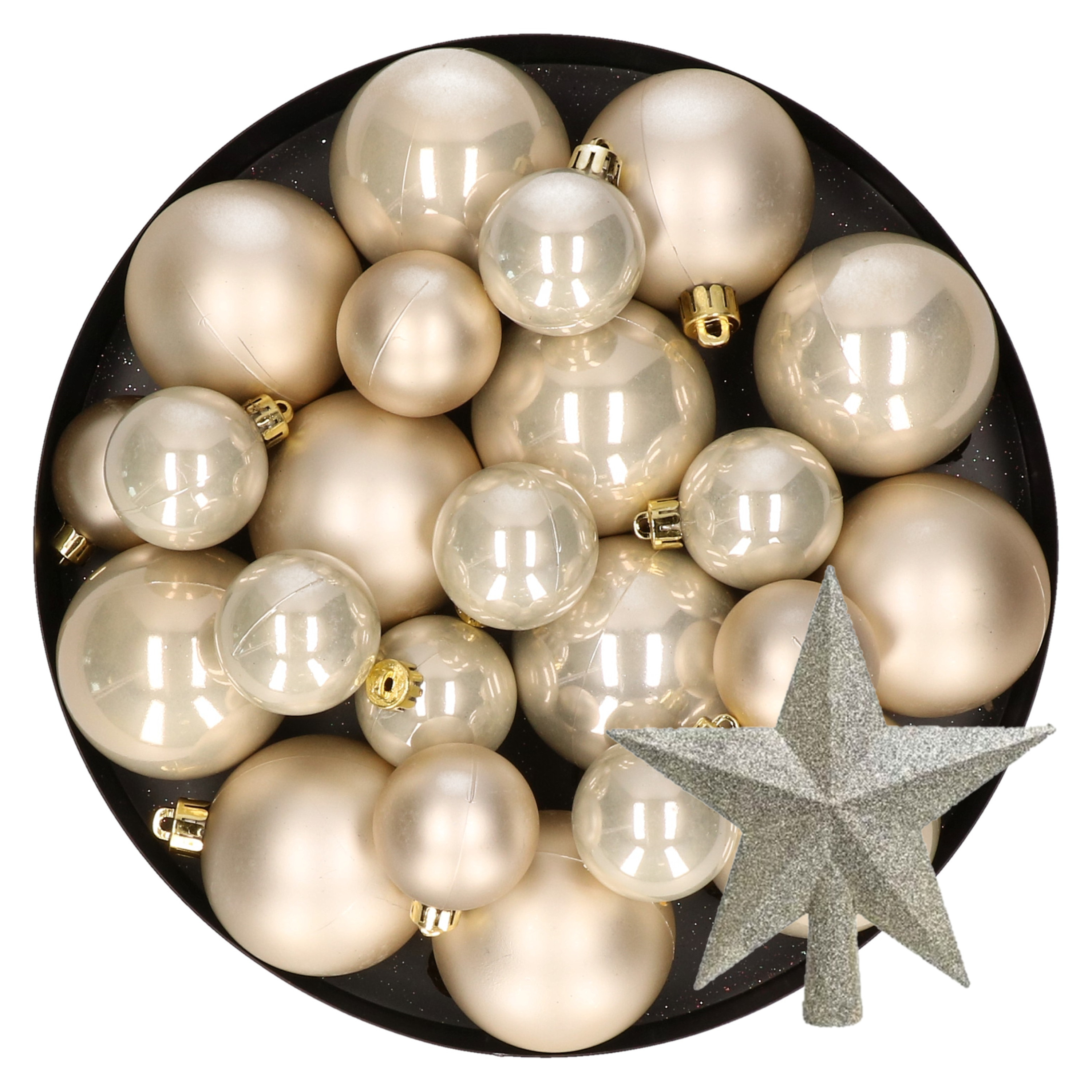 Kerstversiering kunststof kerstballen met piek parel-champagne 6-8-10 cm pakket van 45x stuks