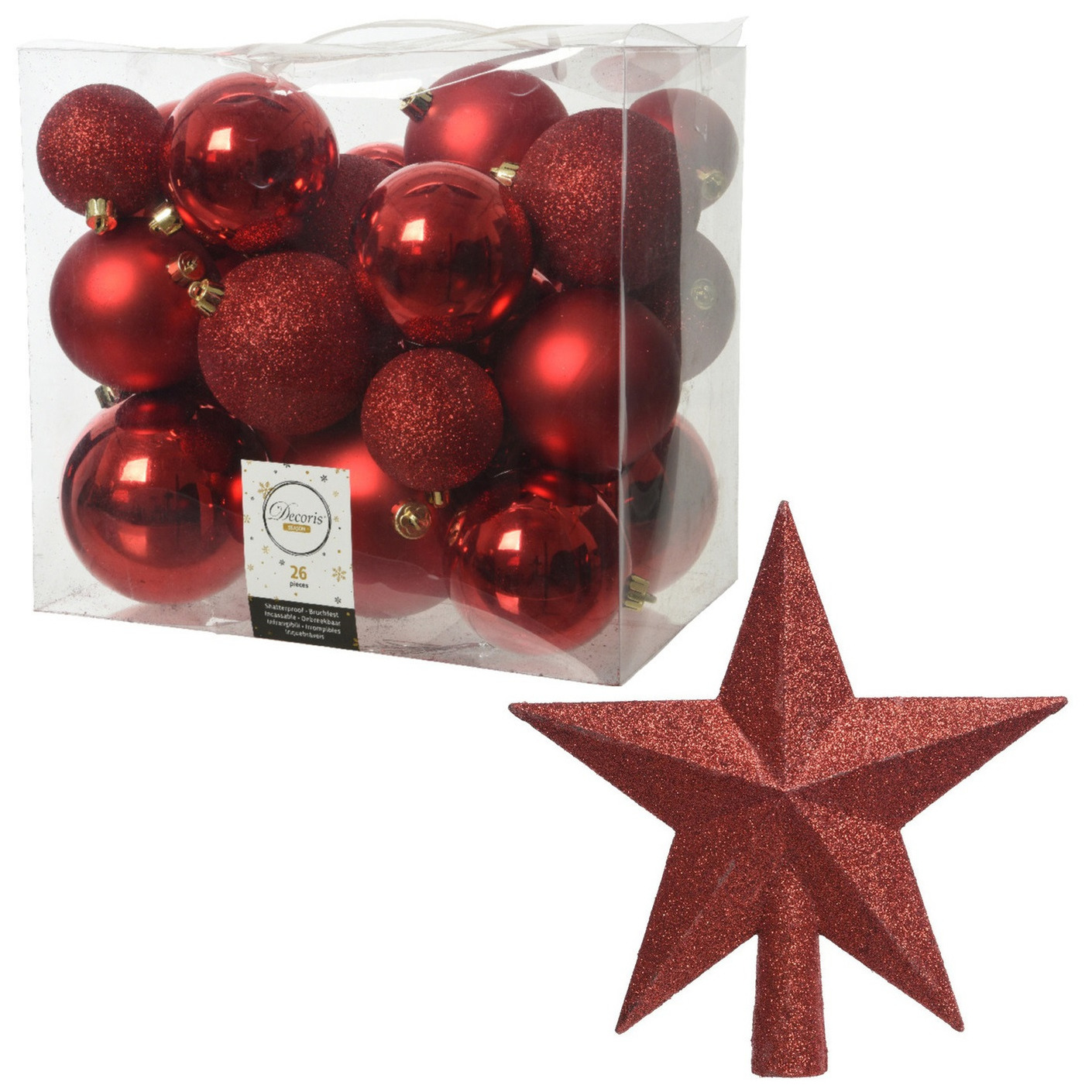 Kerstversiering kunststof kerstballen met piek rood 6-8-10 cm pakket van 27x stuks