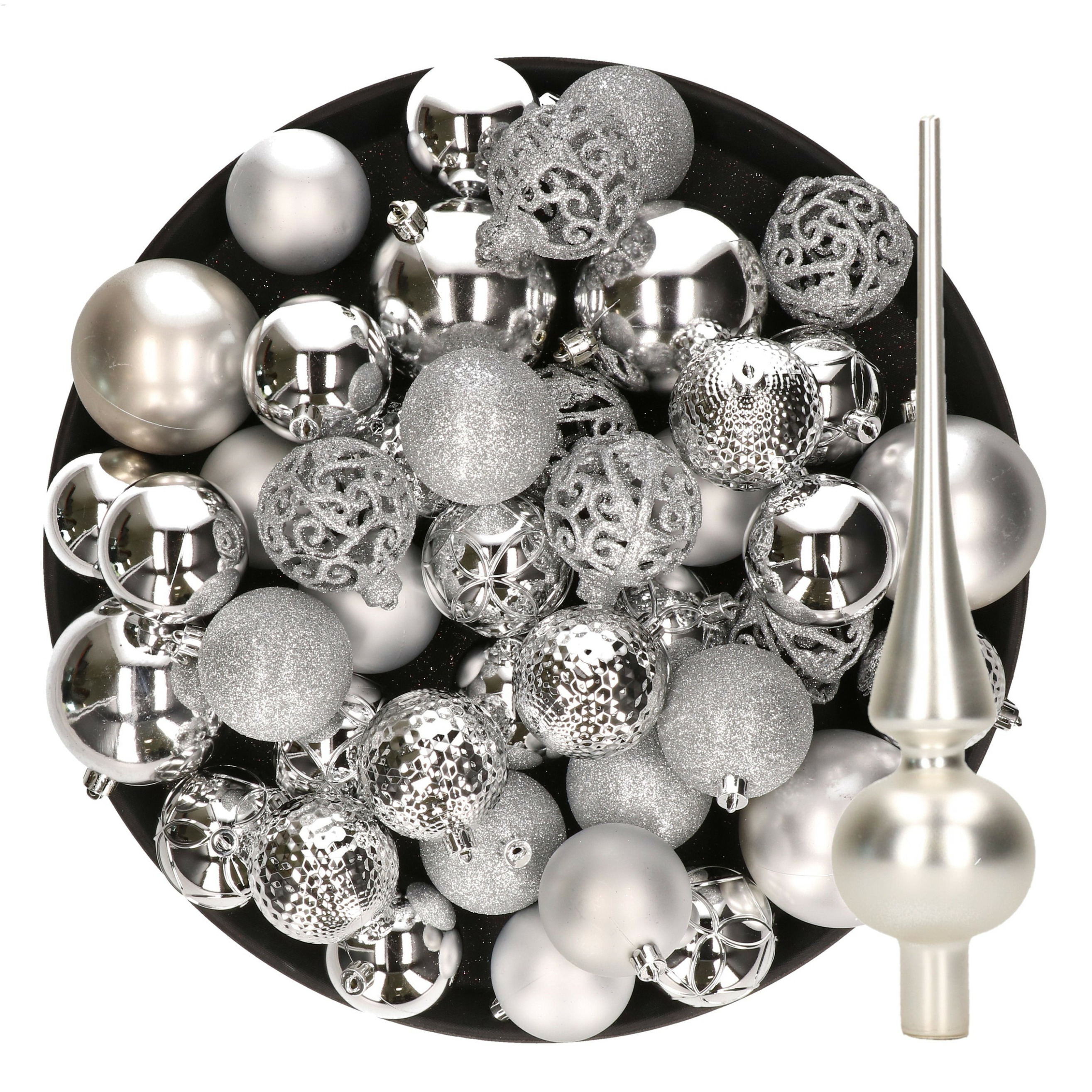 Kerstversiering kunststof kerstballen met piek zilver 6-8-10 cm pakket van 39x stuks