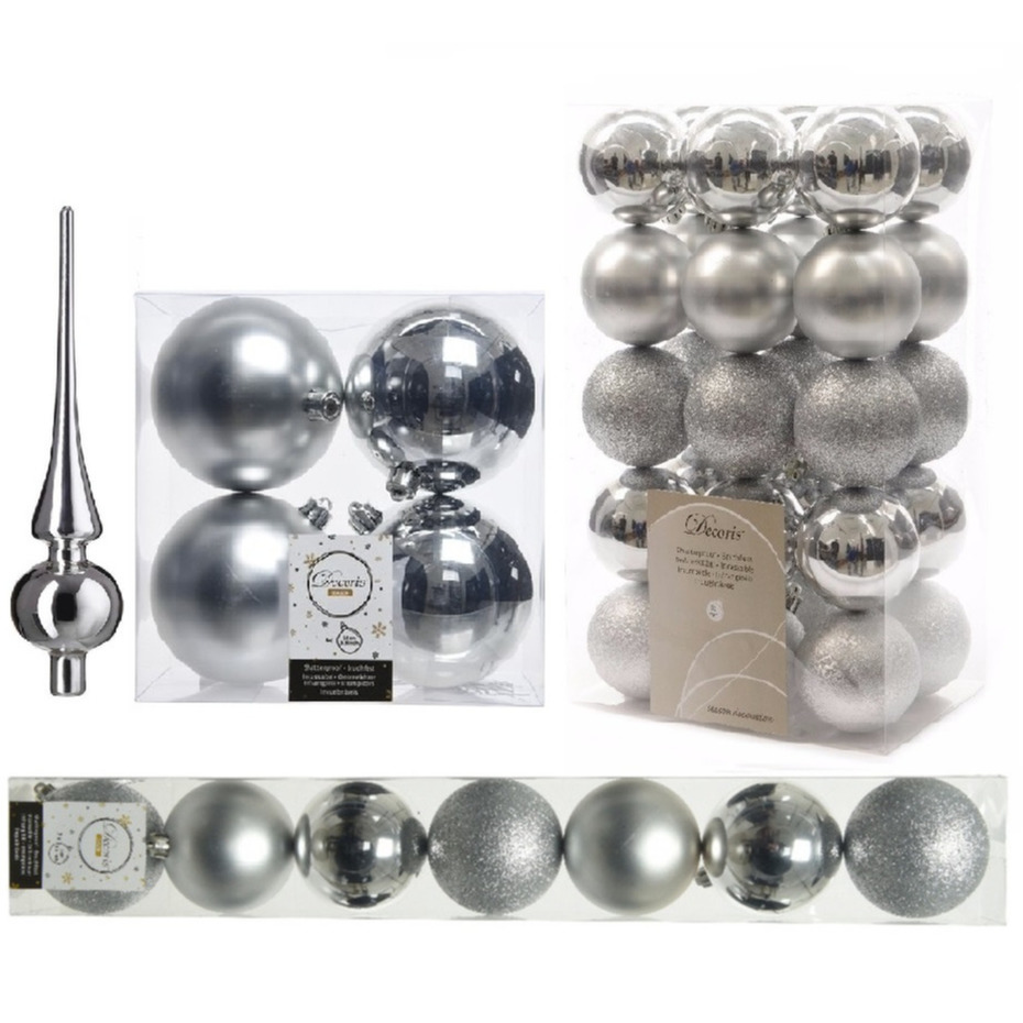Kerstversiering kunststof kerstballen met piek zilver 6-8-10 cm pakket van 42x stuks