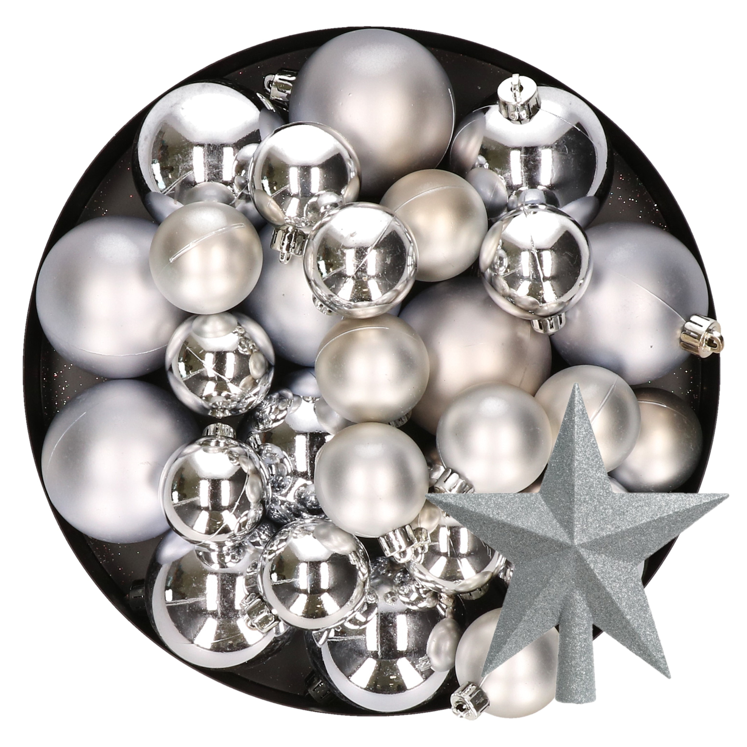Kerstversiering kunststof kerstballen met piek zilver 6-8-10 cm pakket van 45x stuks